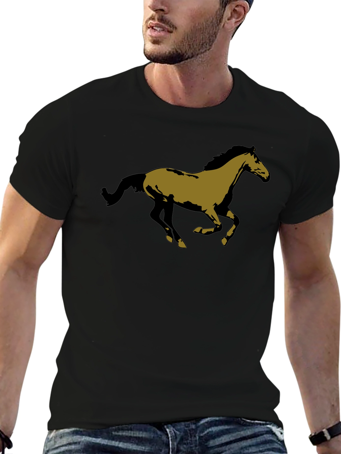 Horse Graphic Tee - Black Cotton Casual T-Shirt