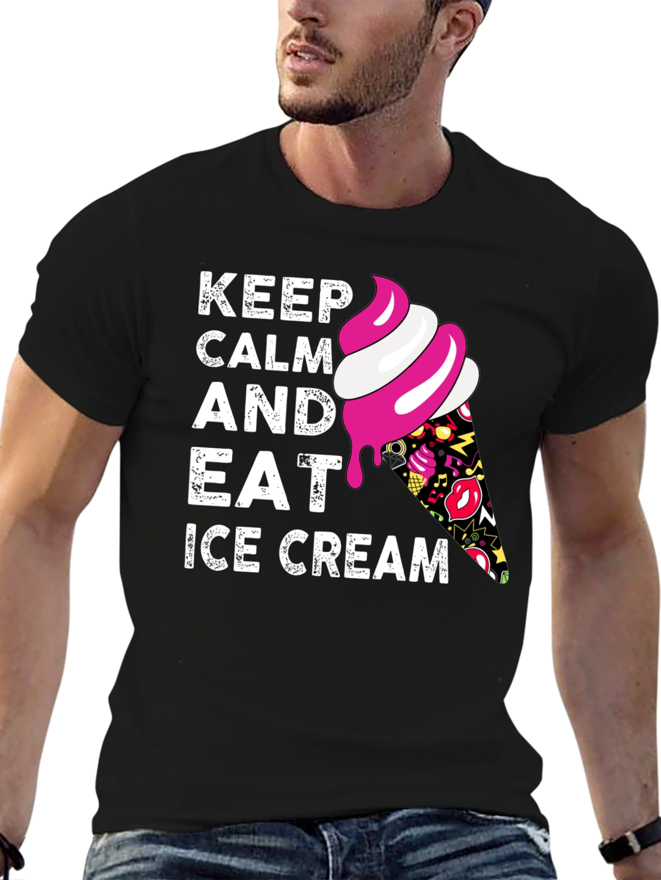 Keep Calm and Eat Ice Cream Black T-Shirt