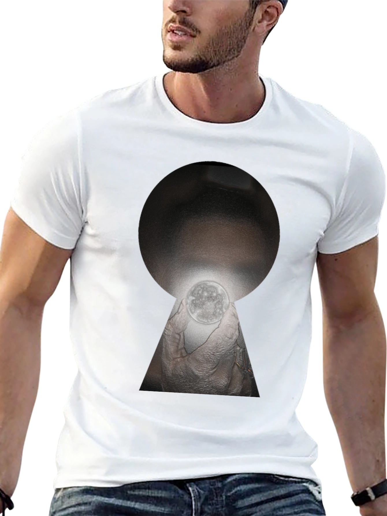 Unique Keyhole Moon Graphic T-Shirt