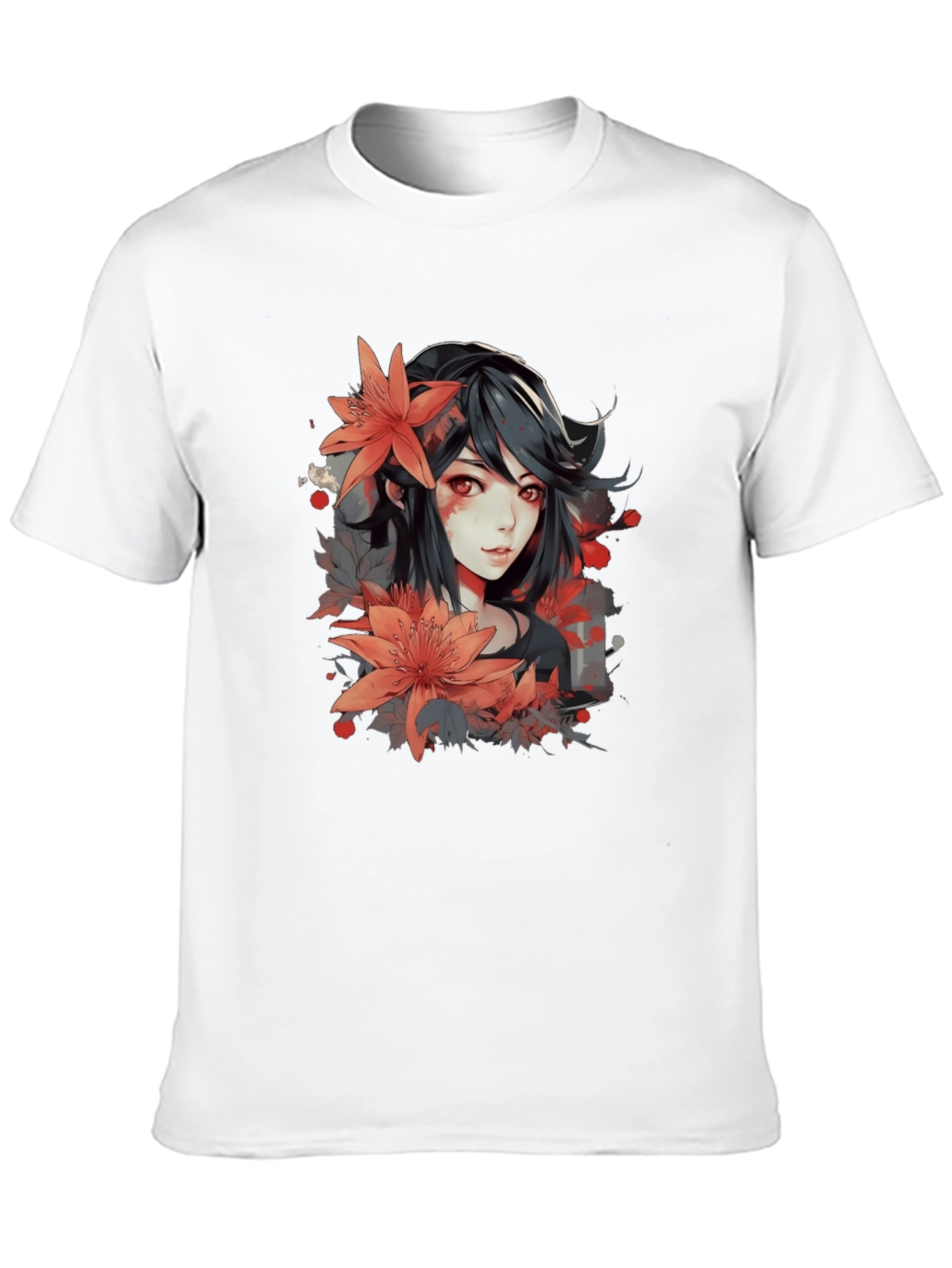 Anime Girl Floral Graphic Black T-Shirt