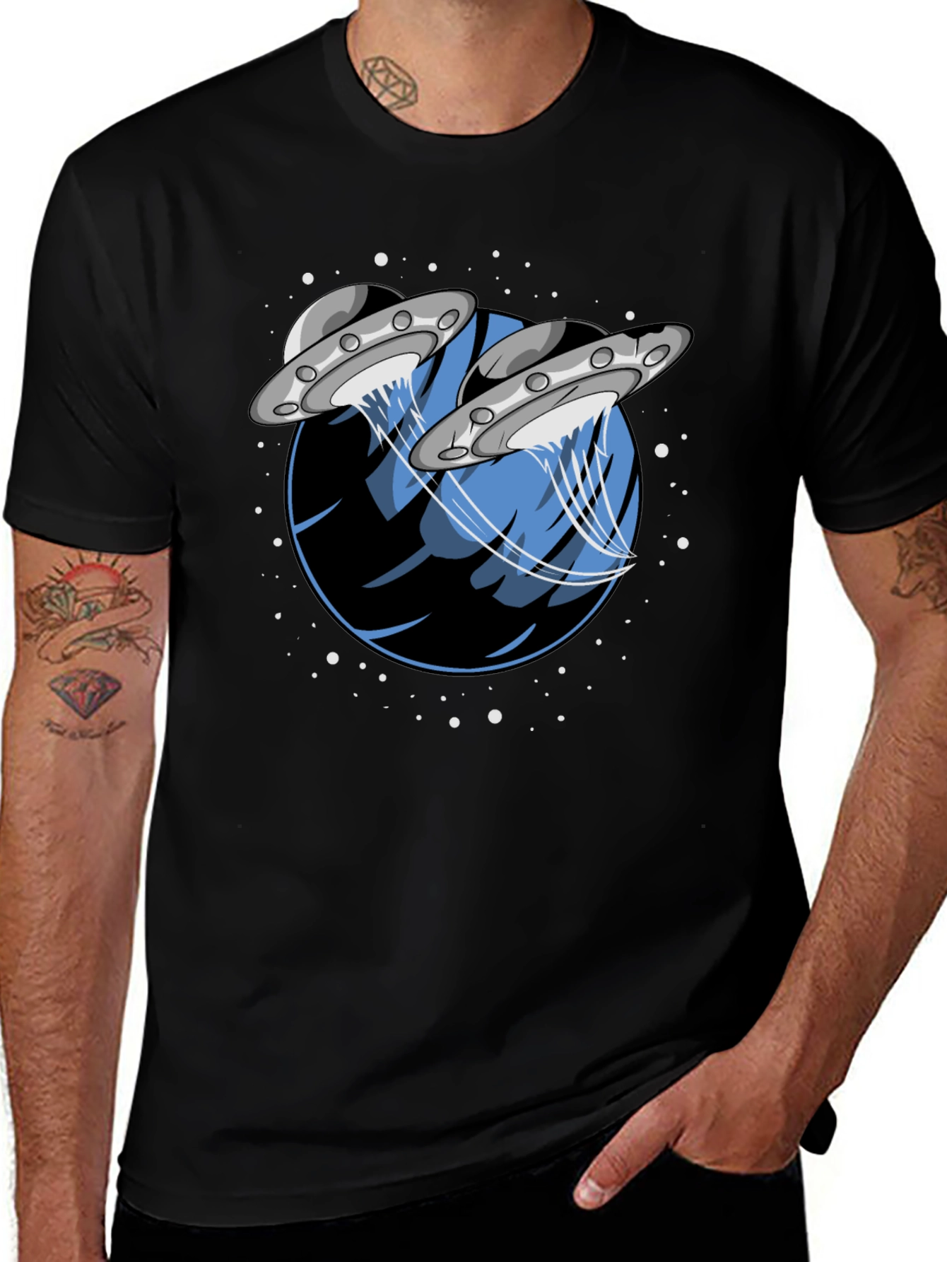UFO Abduction Graphic Tee - Stylish Black Cotton T-Shirt