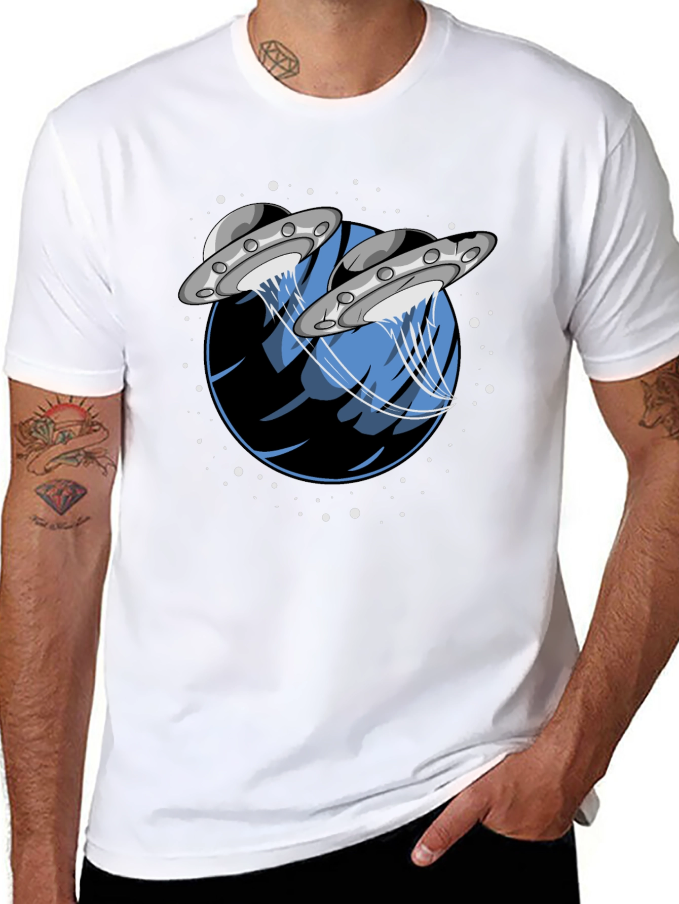 UFO Abduction Graphic Tee - Stylish Black Cotton T-Shirt