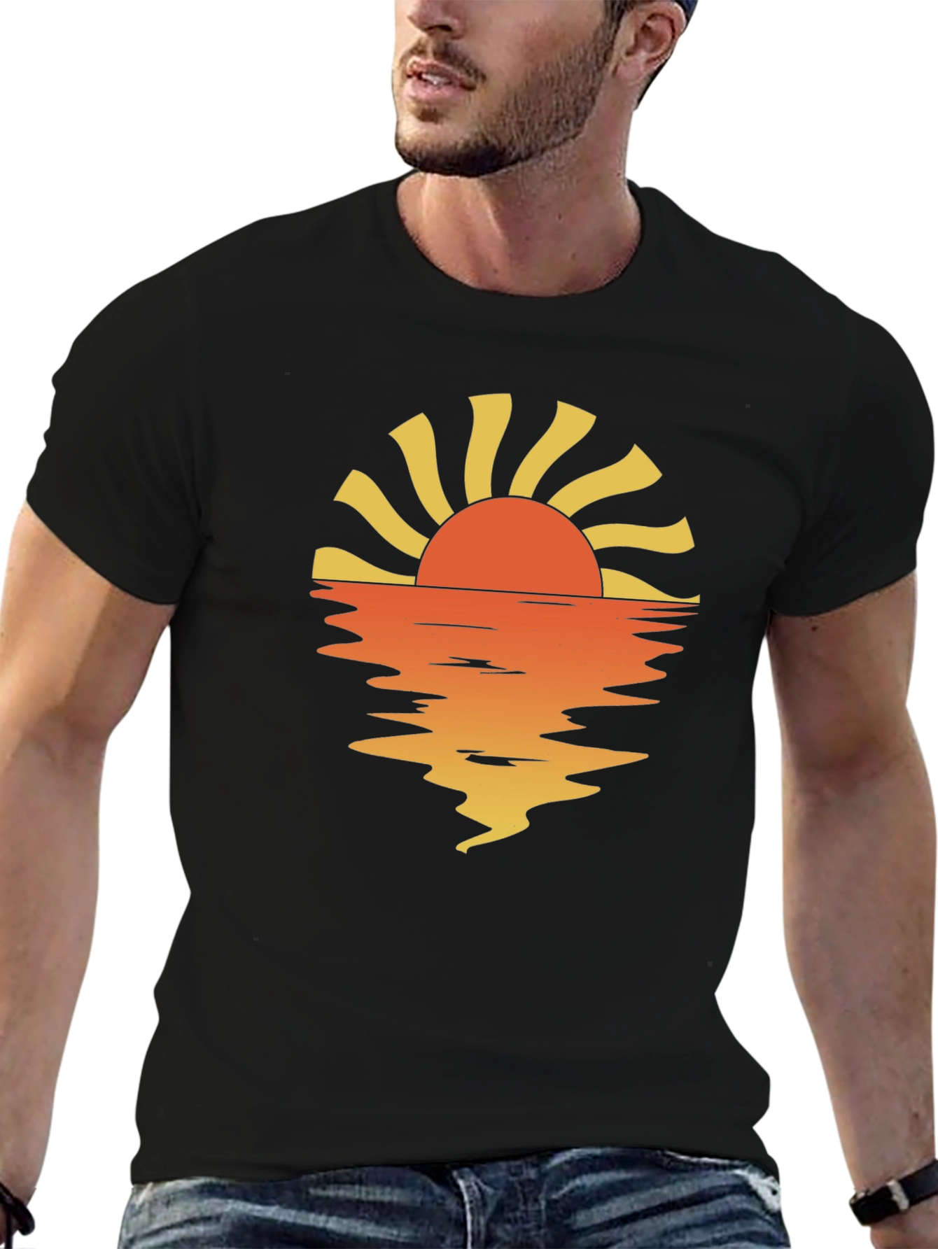 Sunset Reflection Graphic Tee - Black Cotton Casual Shirt