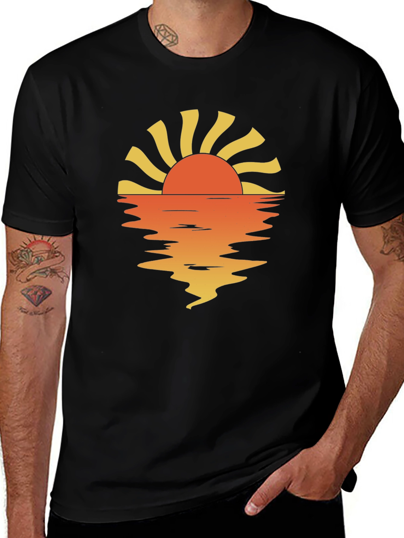 Sunset Reflection Graphic Tee - Black Cotton Casual Shirt