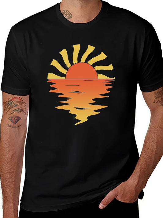 Sunset Reflection Graphic Tee - Black Cotton Casual Shirt