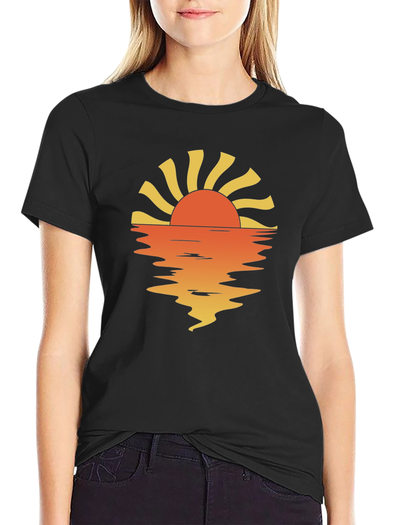 Sunset Reflection Graphic Tee - Black Cotton Casual Shirt