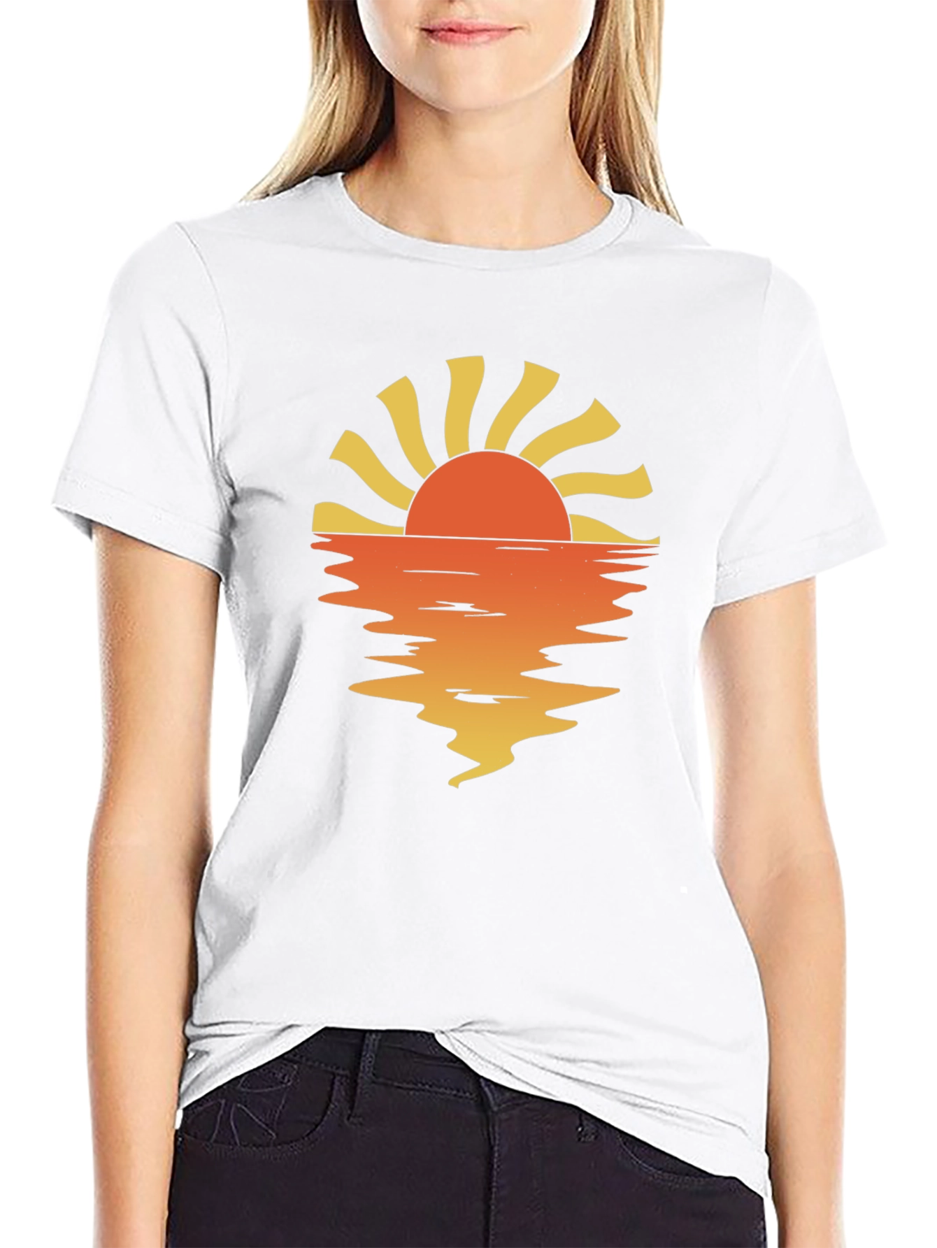 Sunset Reflection Graphic Tee - Black Cotton Casual Shirt