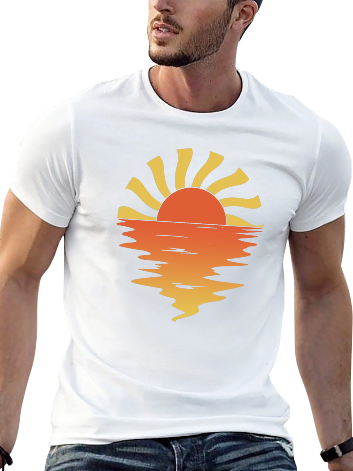 Sunset Reflection Graphic Tee - Black Cotton Casual Shirt