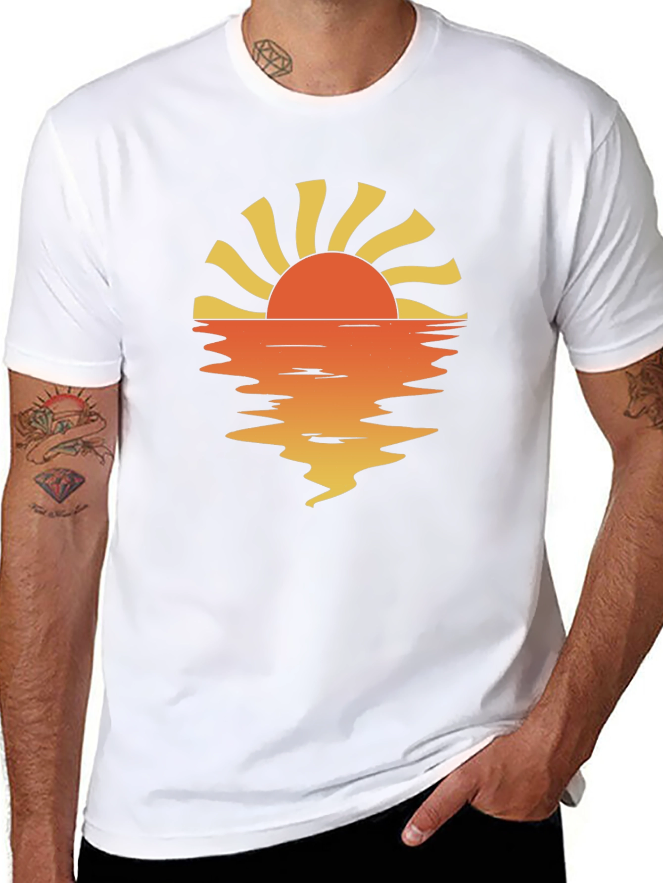 Sunset Reflection Graphic Tee - Black Cotton Casual Shirt