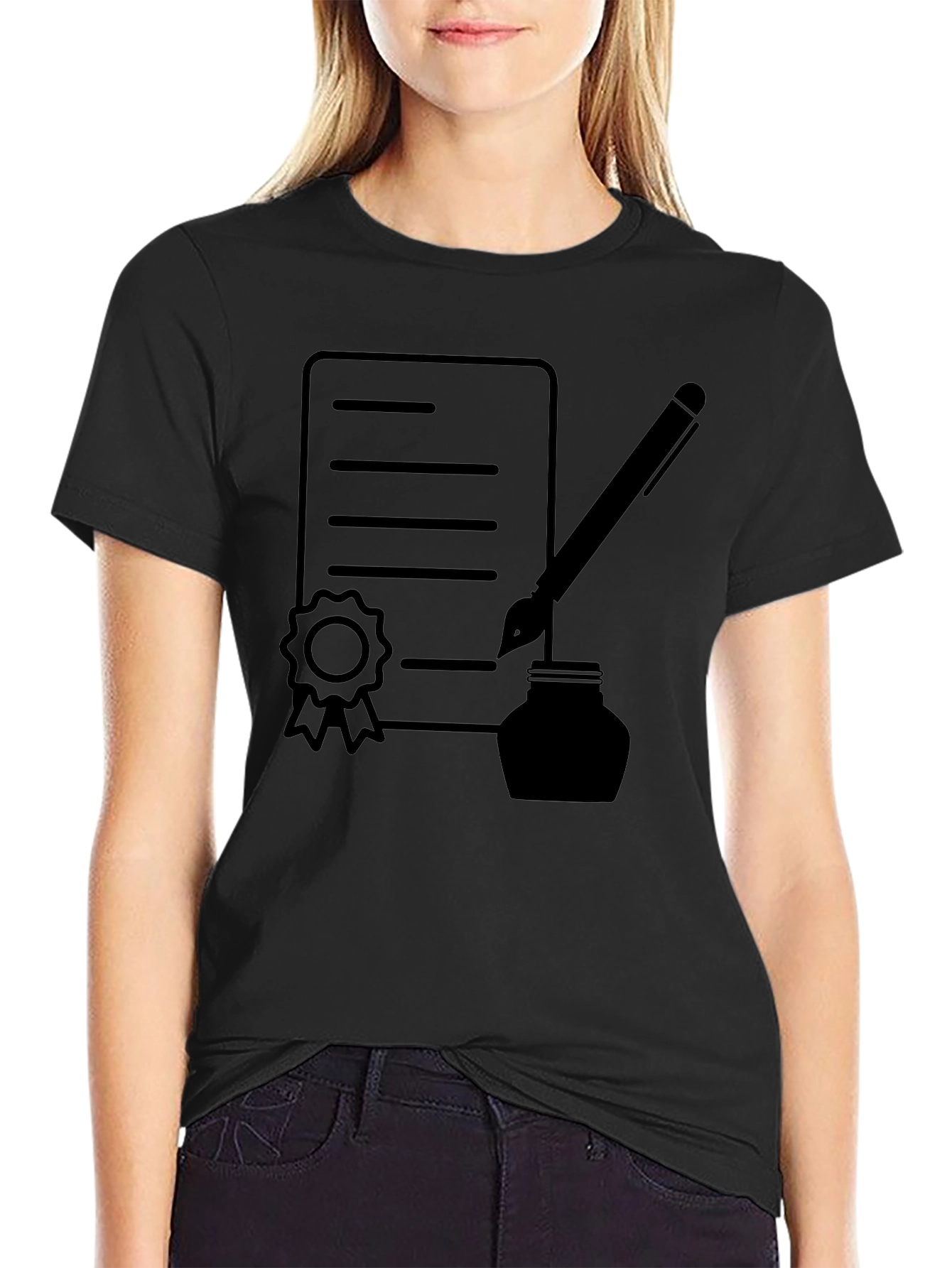 Black T-Shirt with Contract & Pen Graphic
