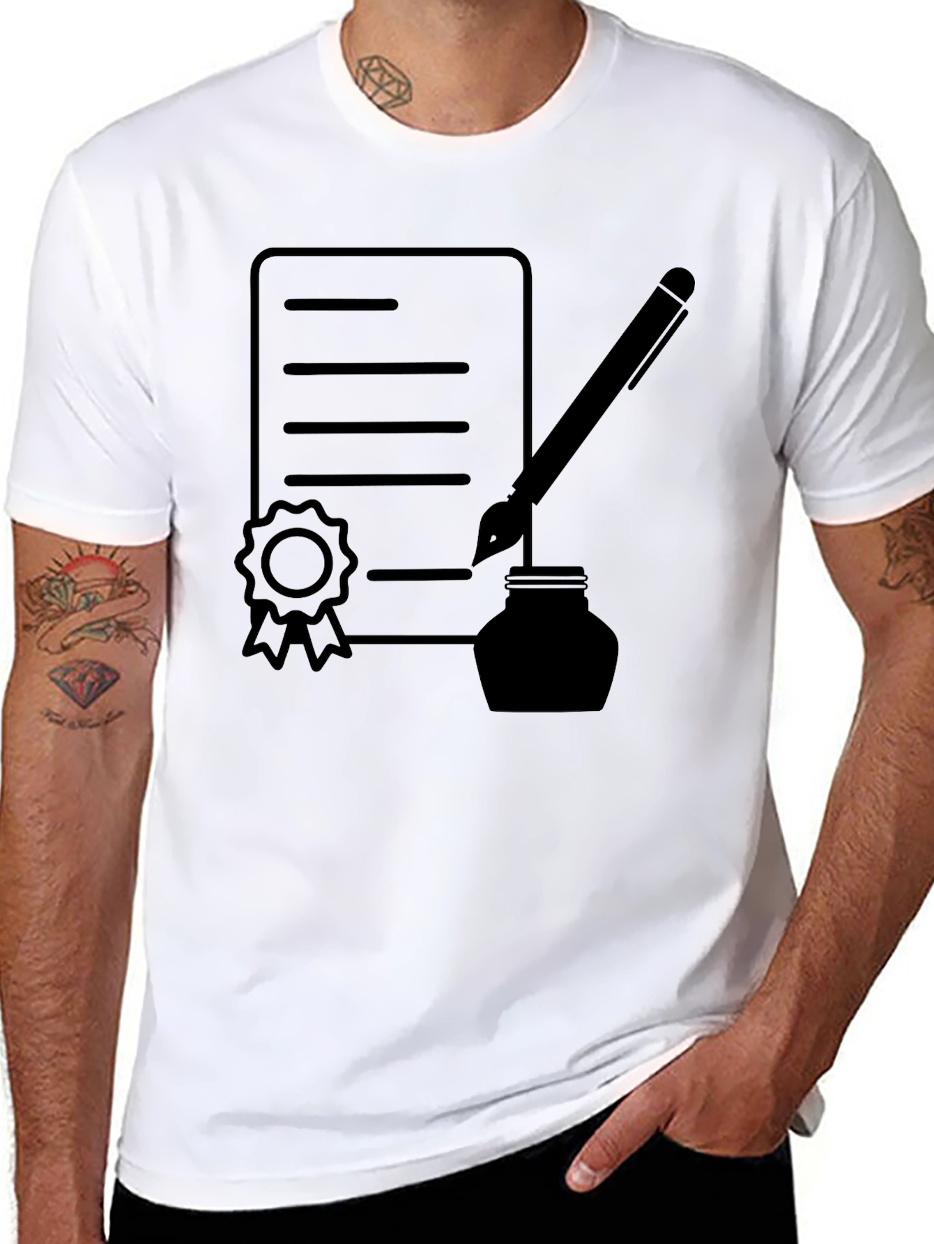 Black T-Shirt with Contract & Pen Graphic
