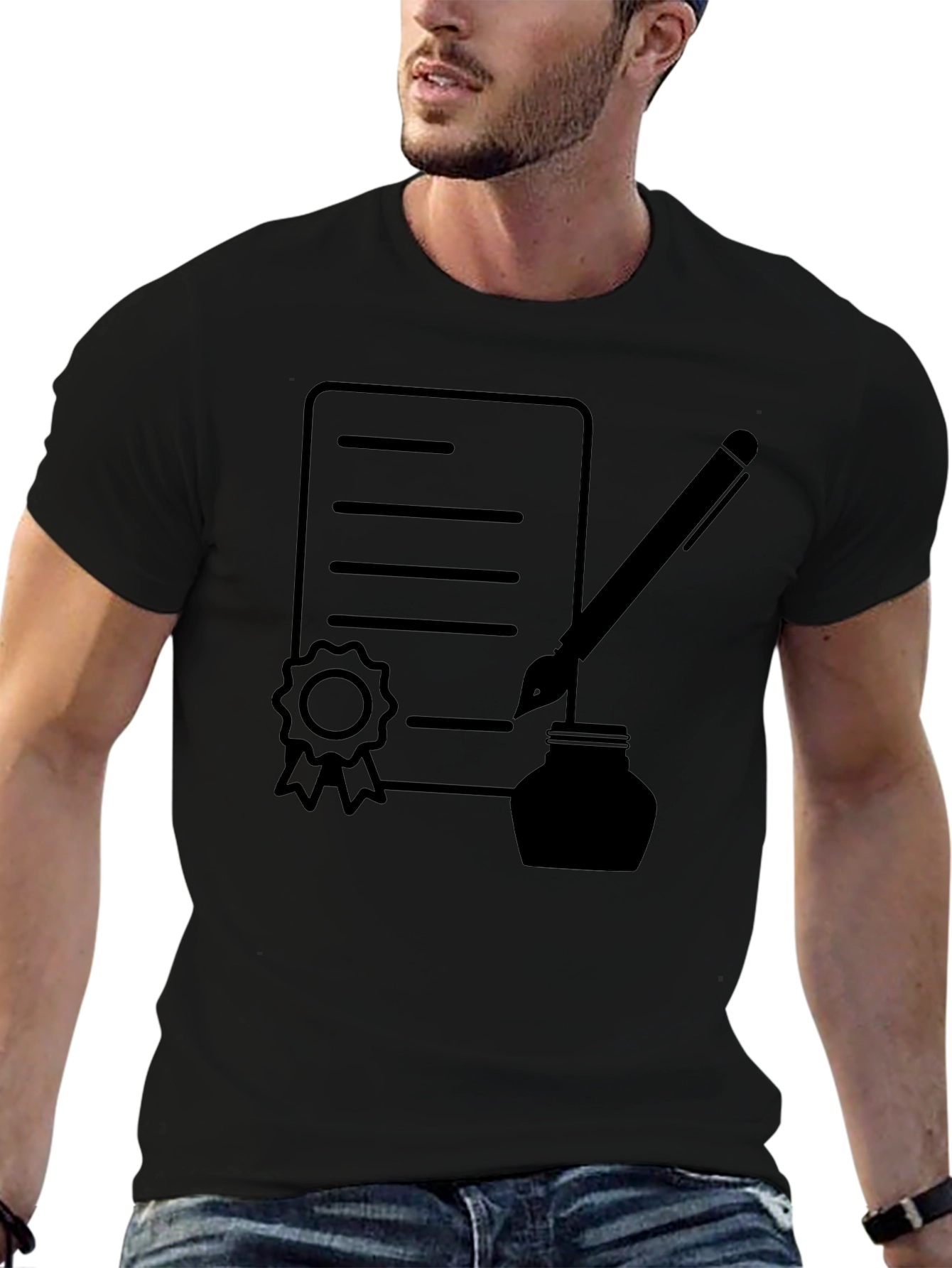 Black T-Shirt with Contract & Pen Graphic