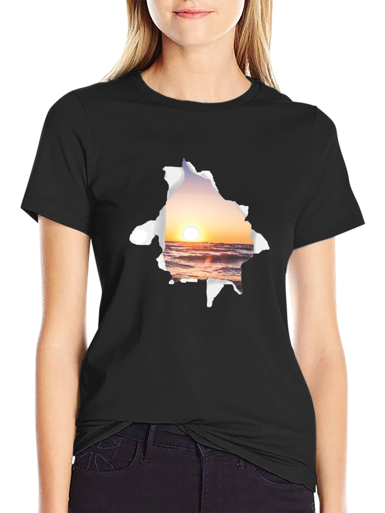 Sunset Beach Graphic Tee - Black Cotton T-Shirt
