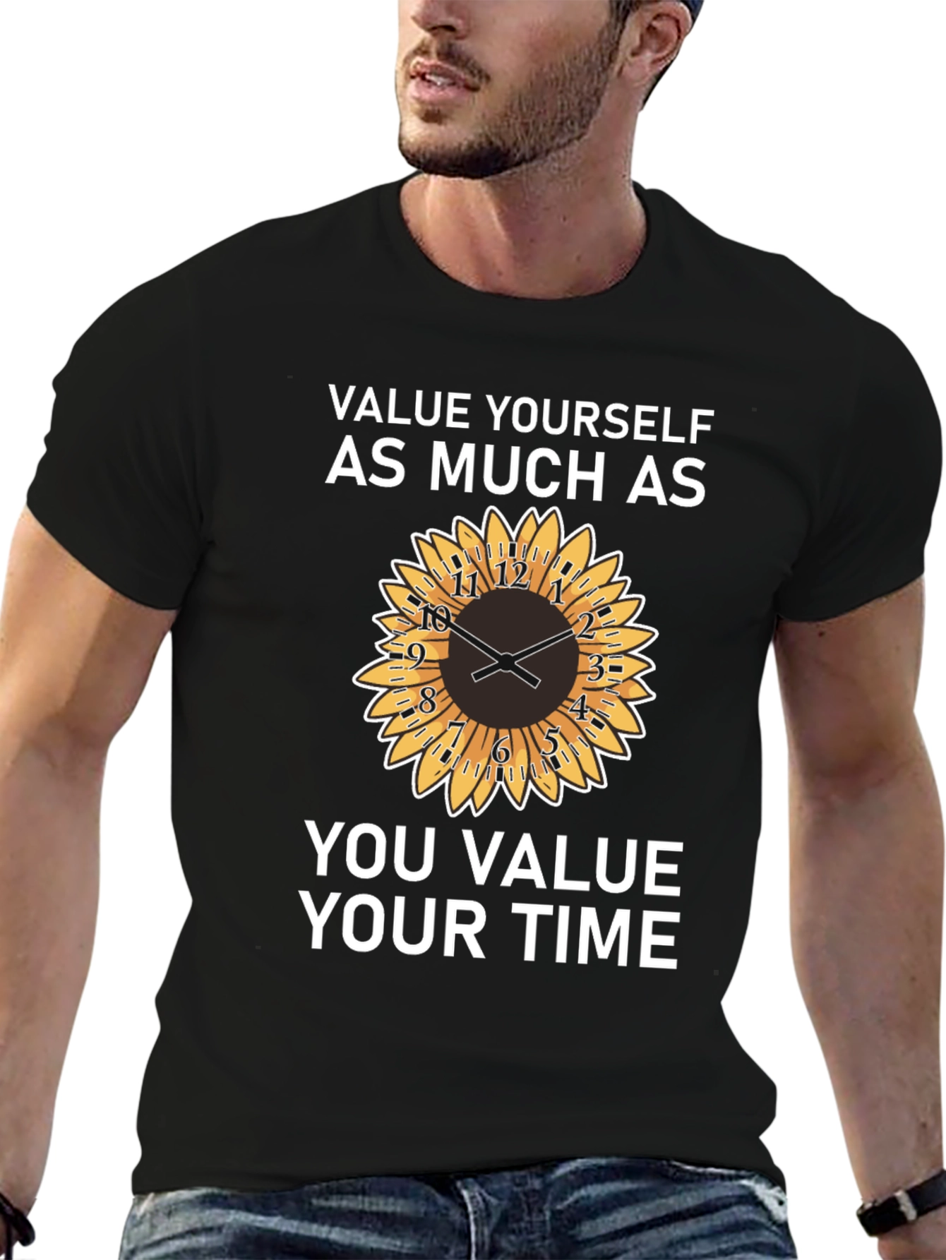 Value Yourself T-Shirt with Sunflower Clock Design
