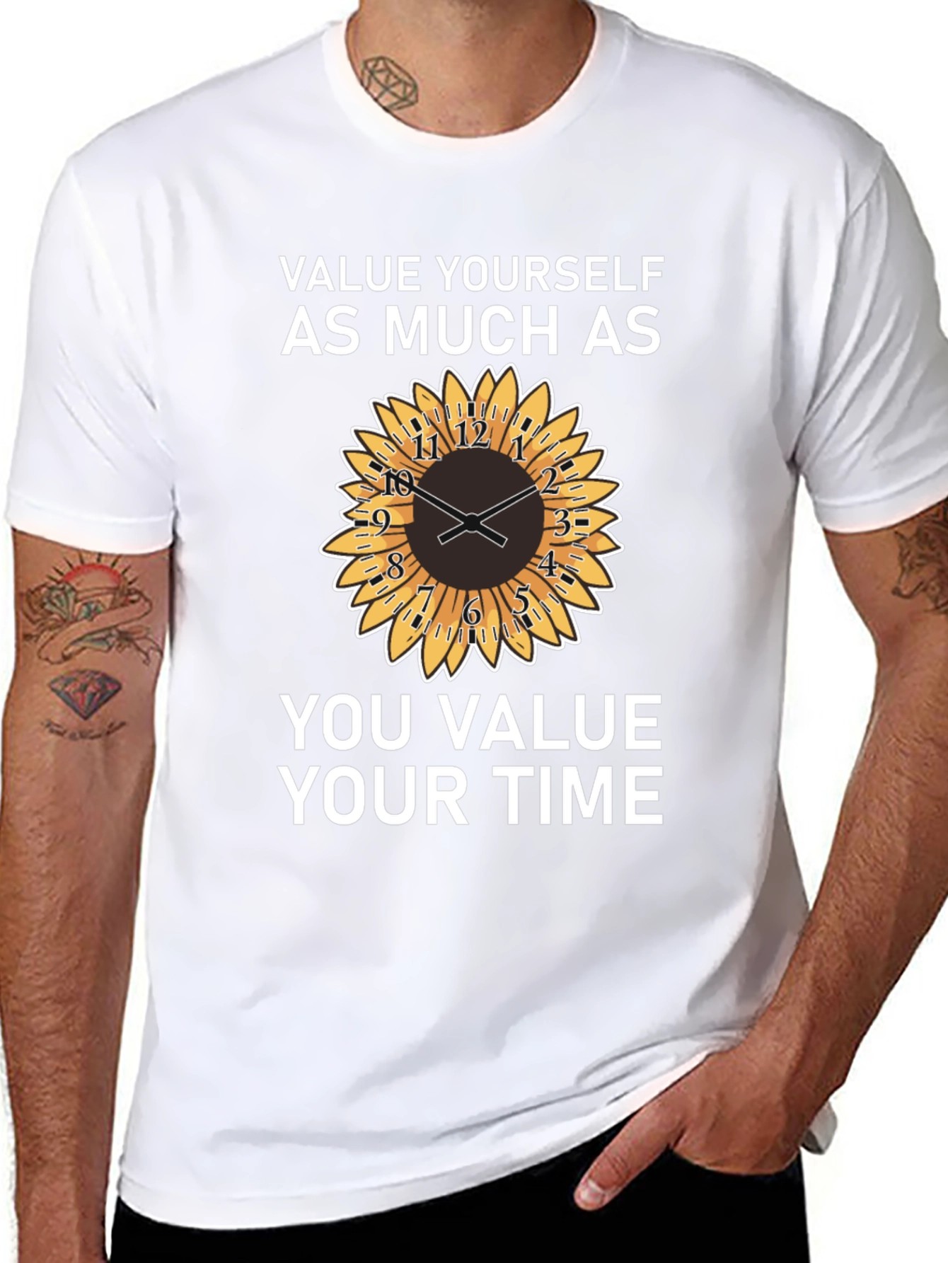 Value Yourself T-Shirt with Sunflower Clock Design