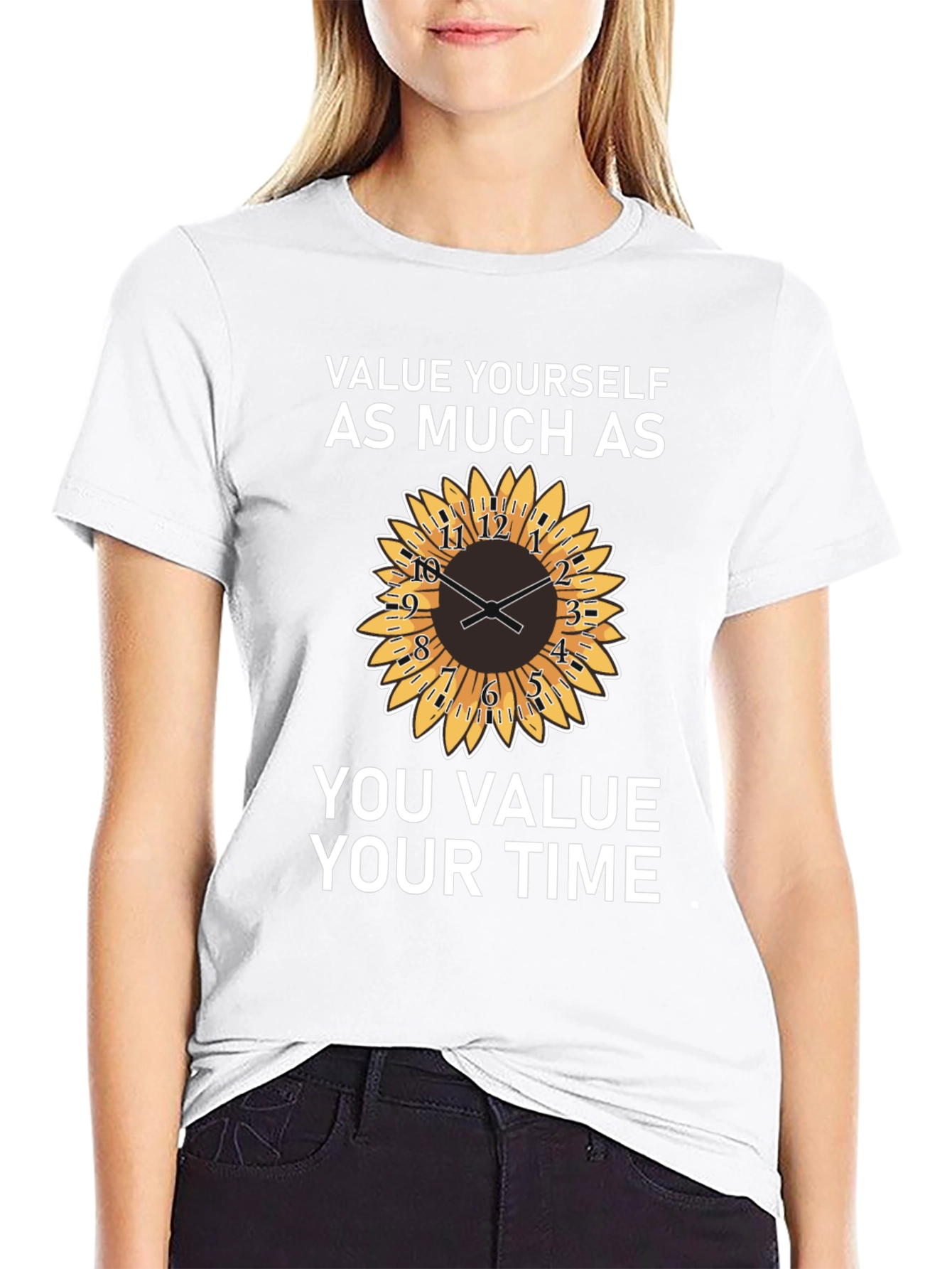 Value Yourself T-Shirt with Sunflower Clock Design