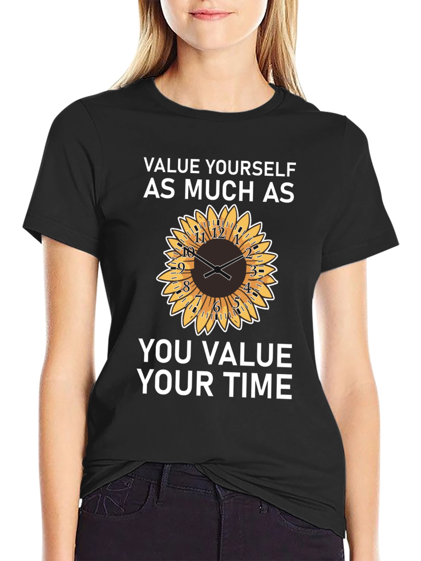 Value Yourself T-Shirt with Sunflower Clock Design