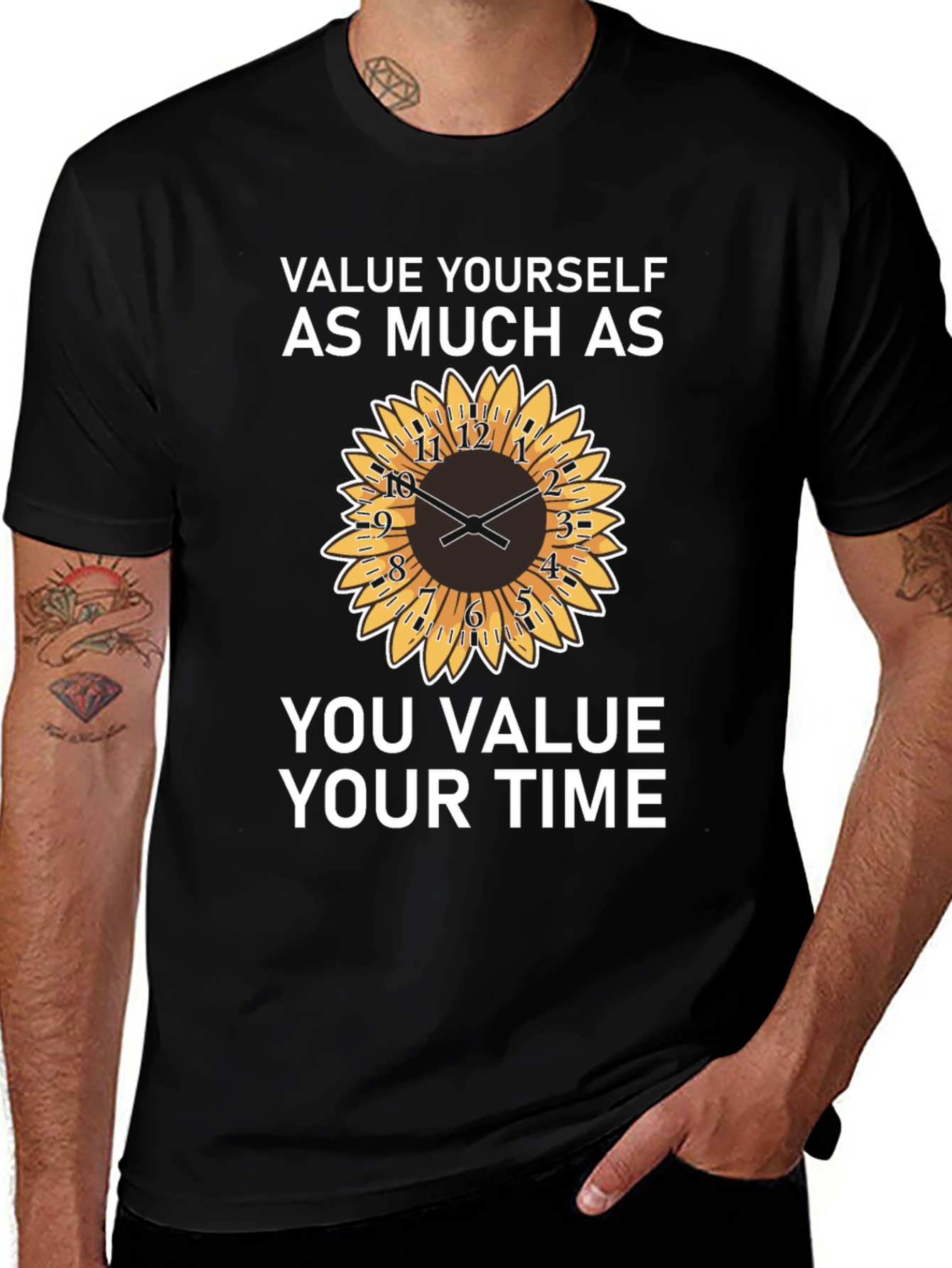 Value Yourself T-Shirt with Sunflower Clock Design