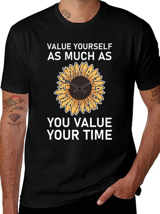 Value Yourself T-Shirt with Sunflower Clock Design