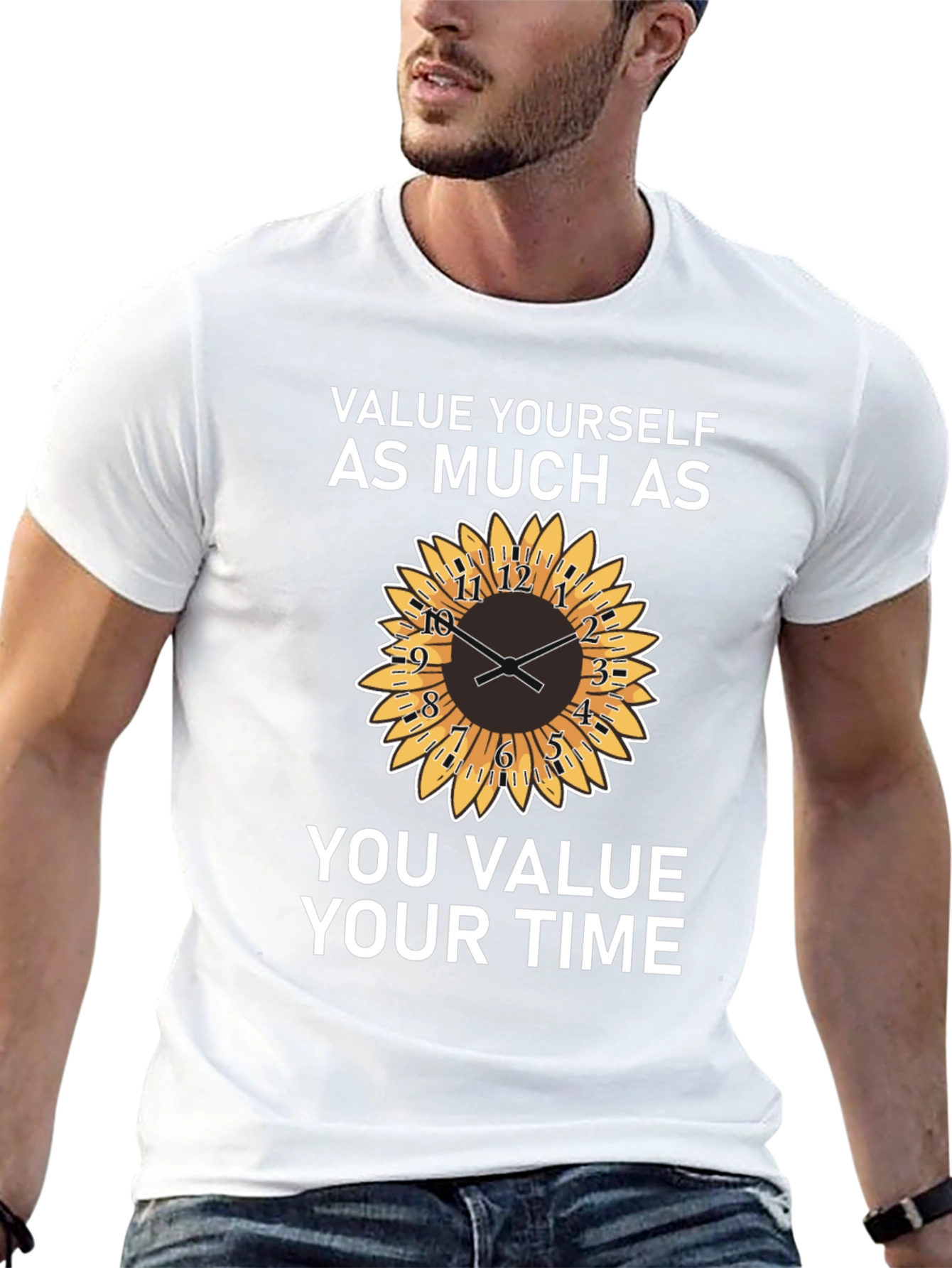Value Yourself T-Shirt with Sunflower Clock Design