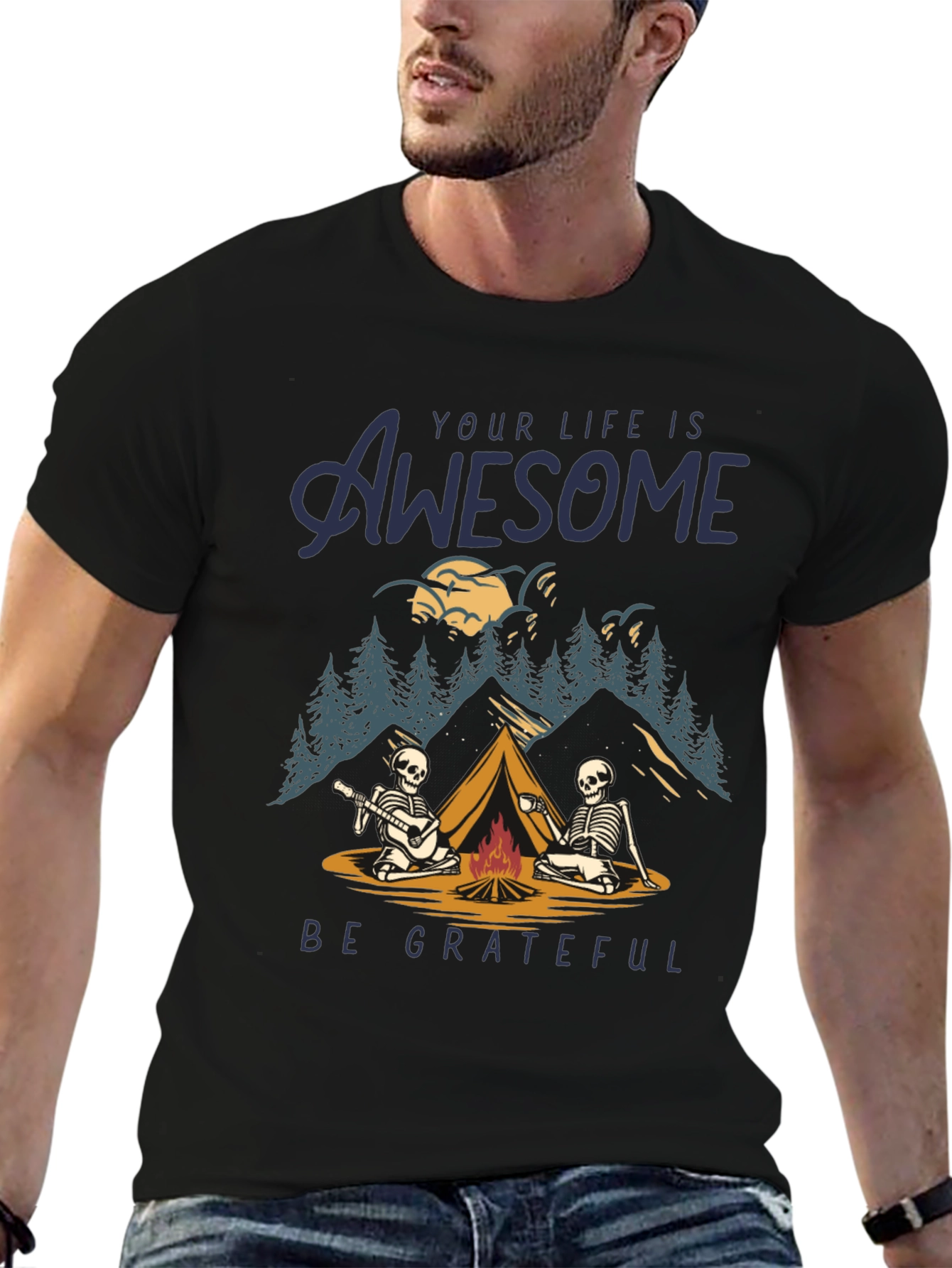 Awesome Life Camping Skeleton Graphic T-Shirt