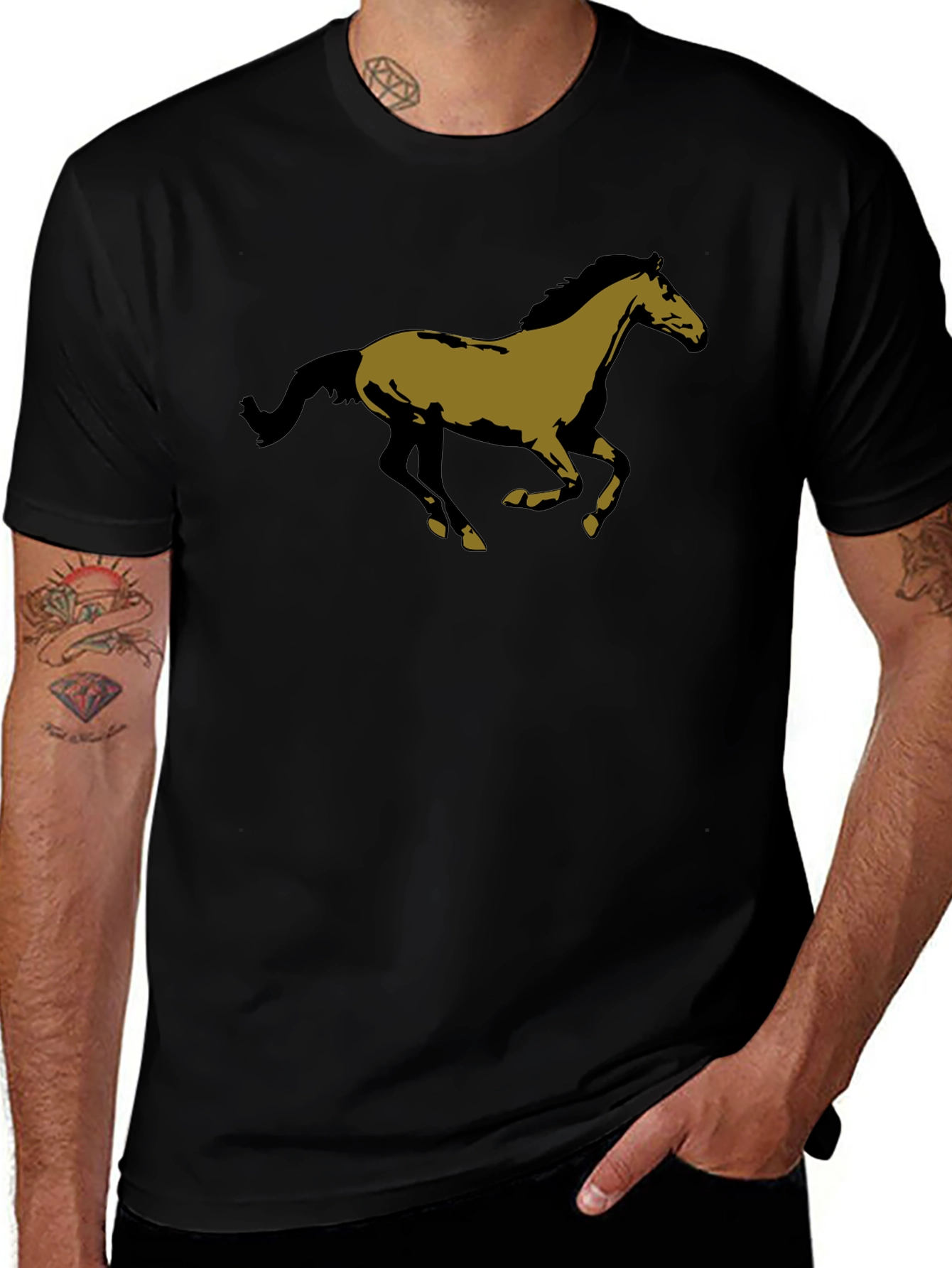 Horse Graphic Tee - Black Cotton Casual T-Shirt