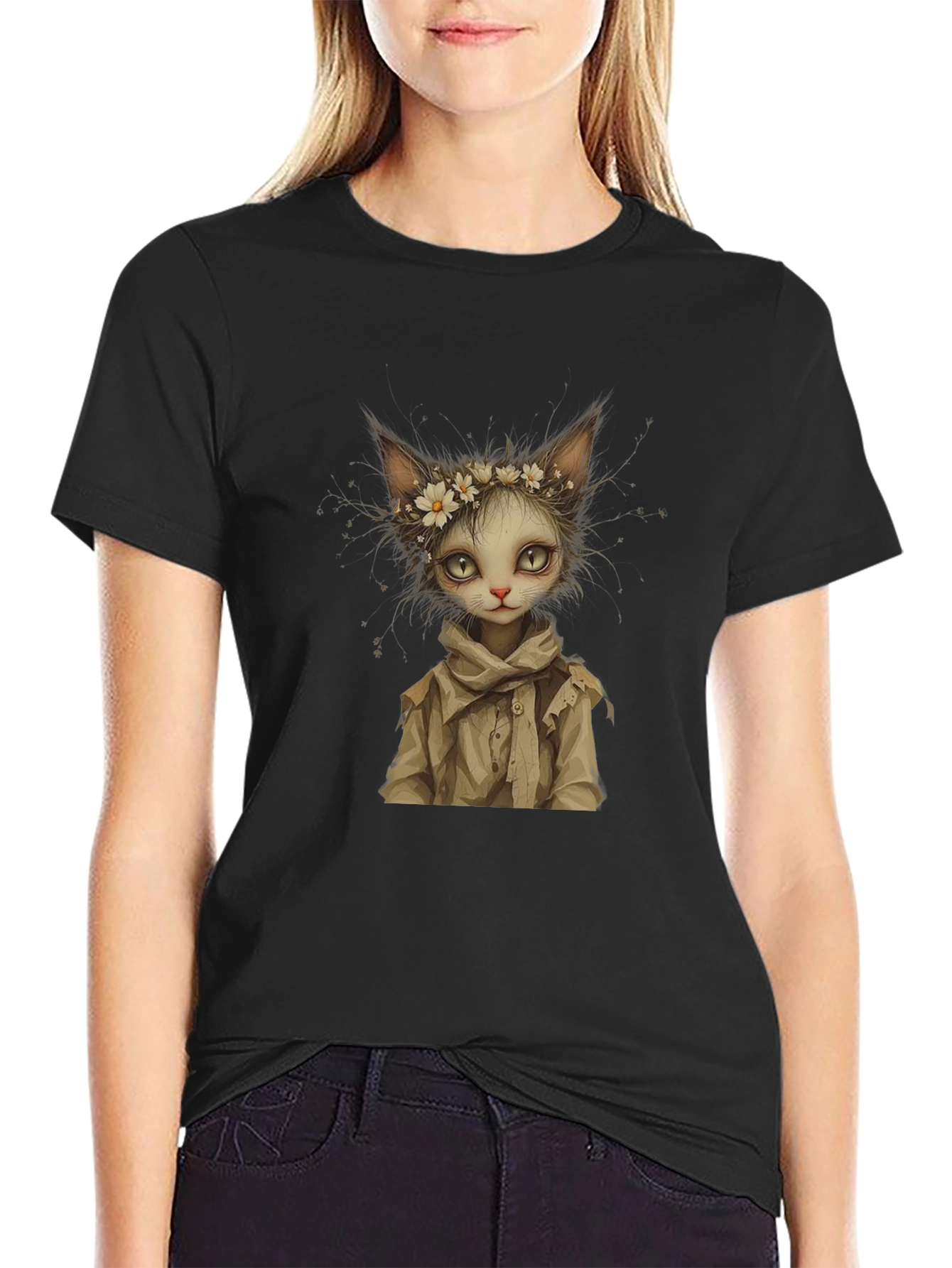 Whimsical Cat Art Black T-Shirt