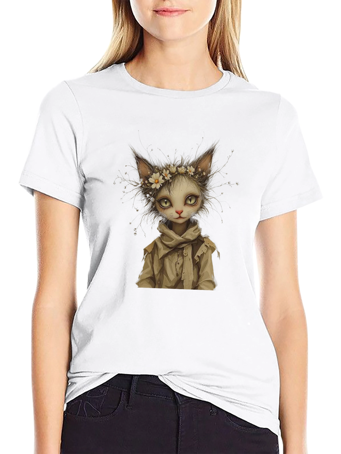 Whimsical Cat Art Black T-Shirt