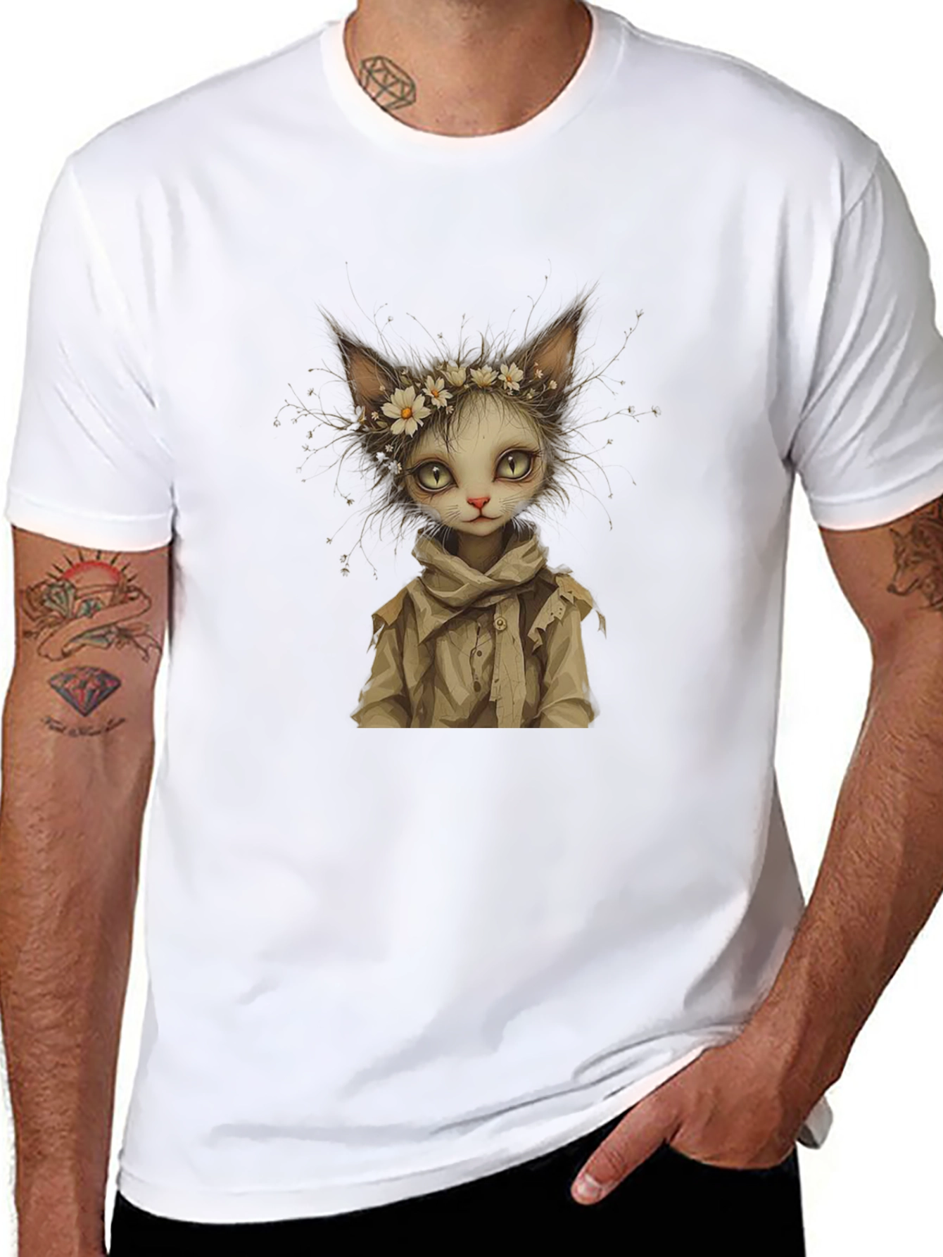 Whimsical Cat Art Black T-Shirt