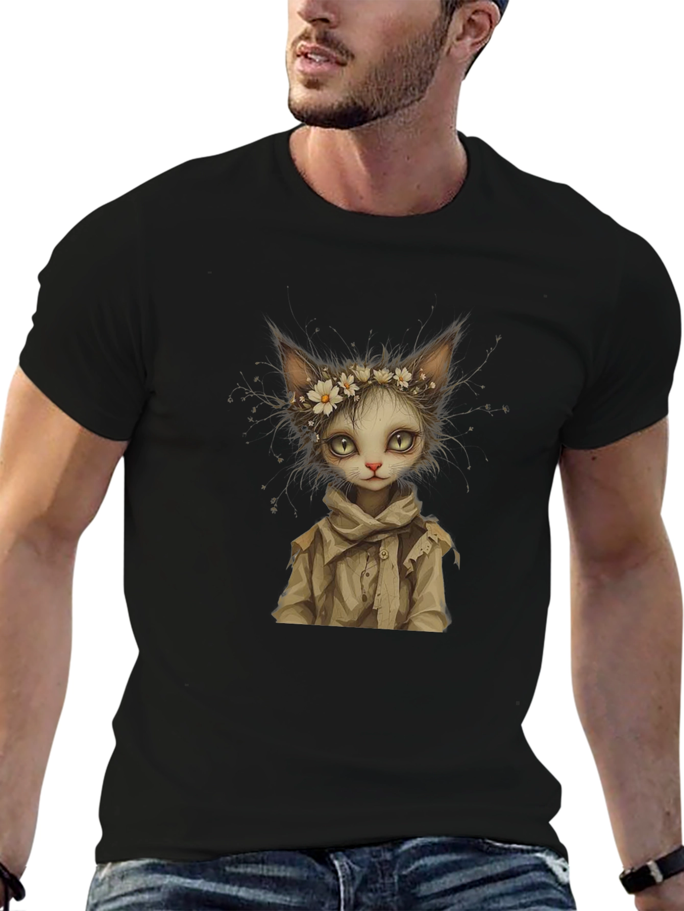 Whimsical Cat Art Black T-Shirt
