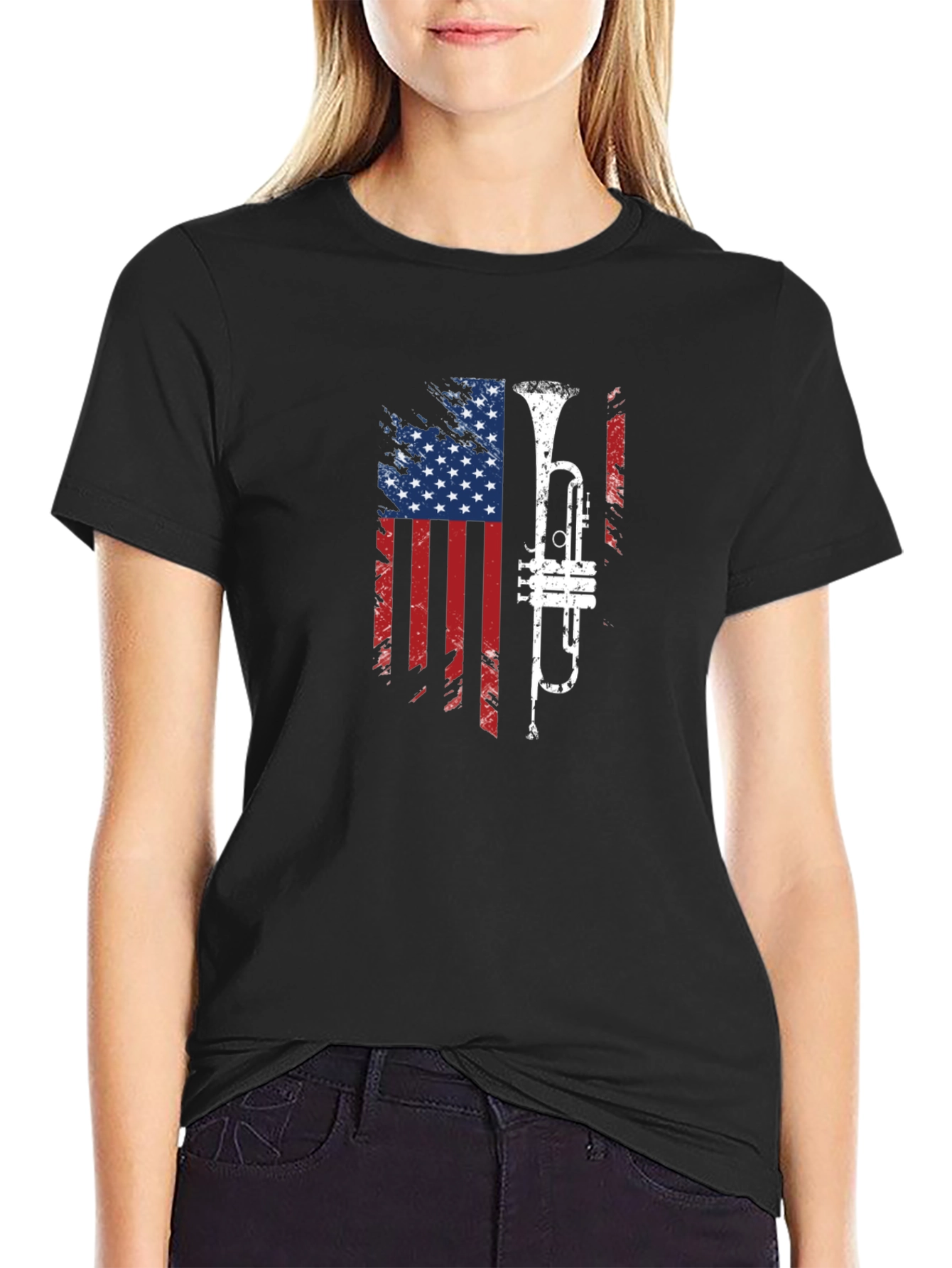 American Flag Trumpet Graphic T-Shirt