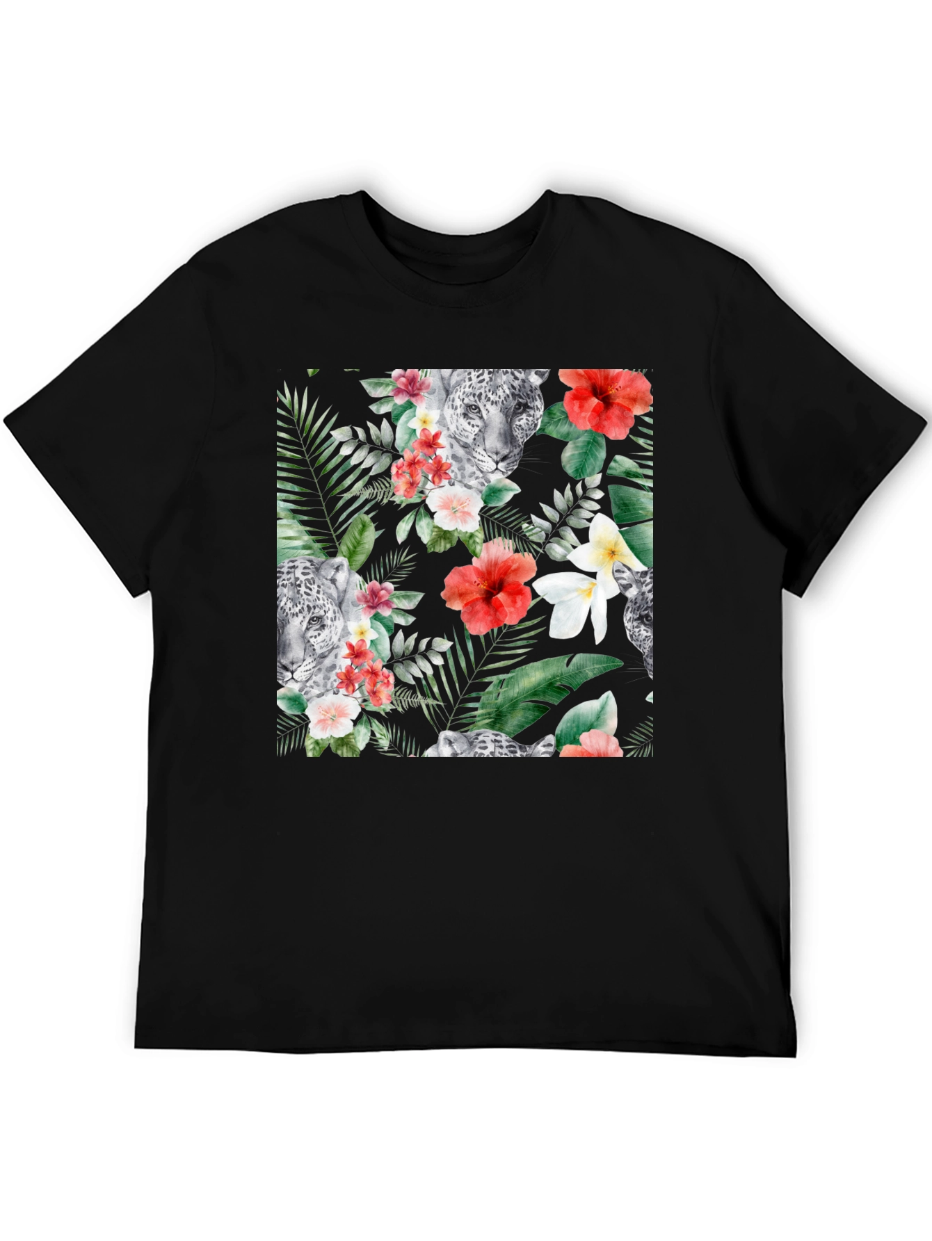 Tropical Floral & Leopard Print Black T-Shirt