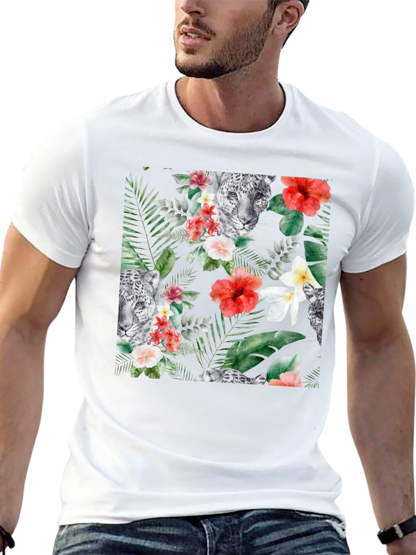 Tropical Floral & Leopard Print Black T-Shirt