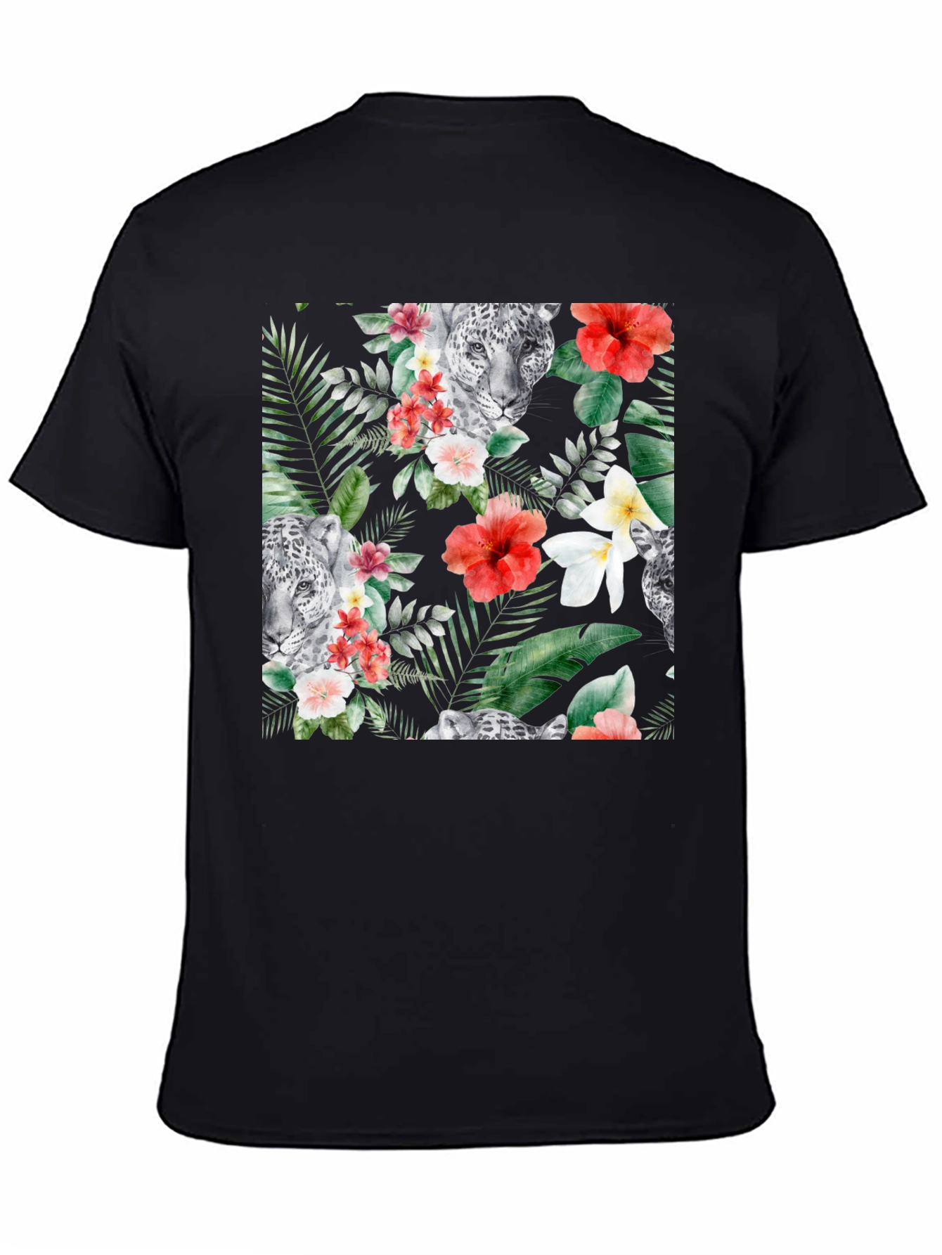 Tropical Floral & Leopard Print Black T-Shirt