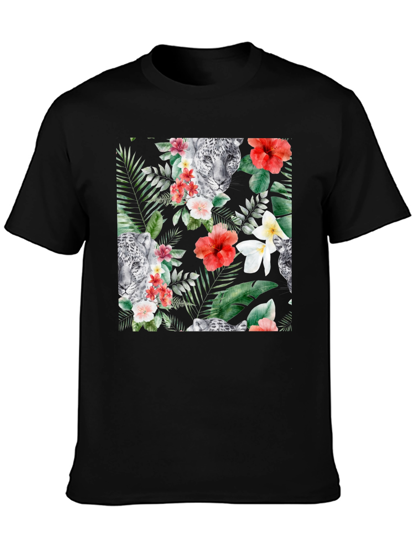 Tropical Floral & Leopard Print Black T-Shirt