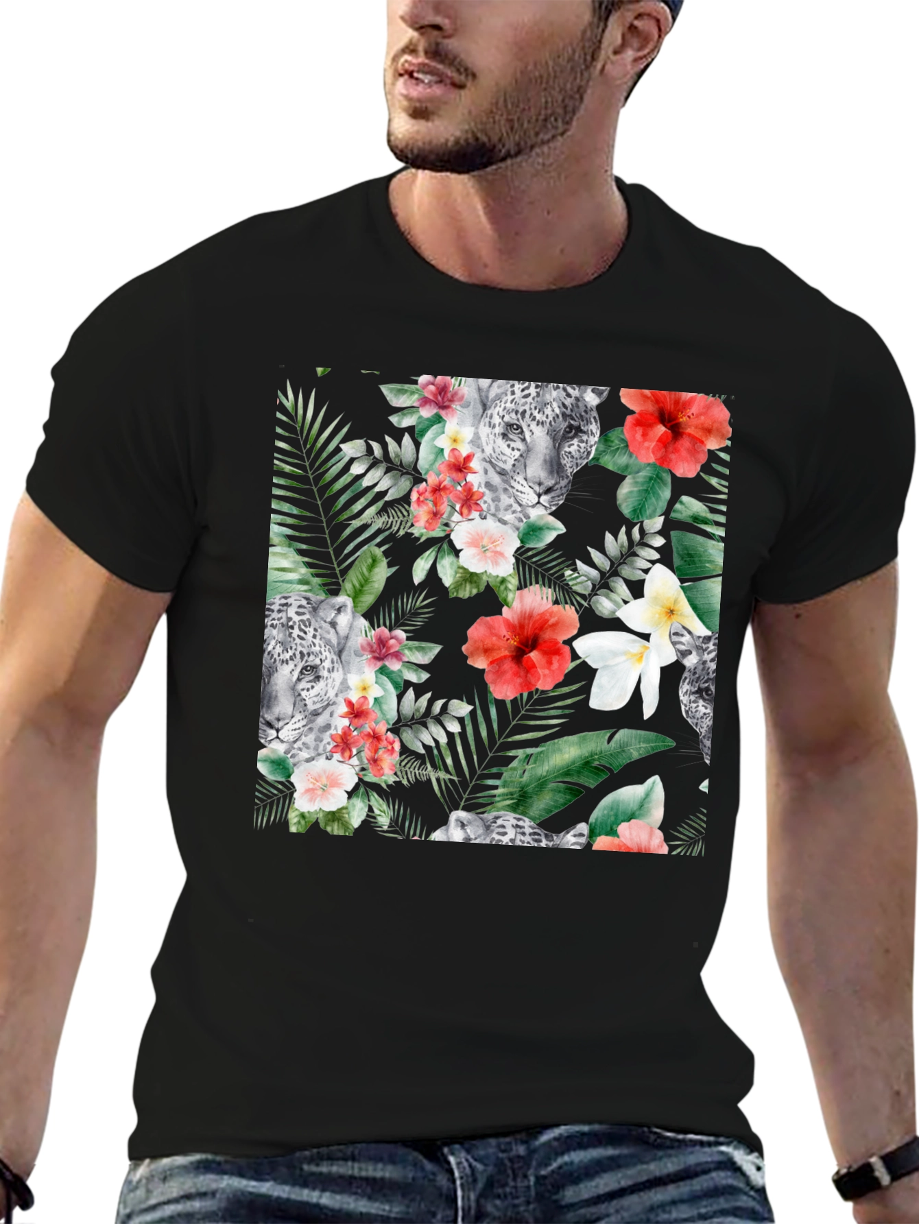 Tropical Floral & Leopard Print Black T-Shirt