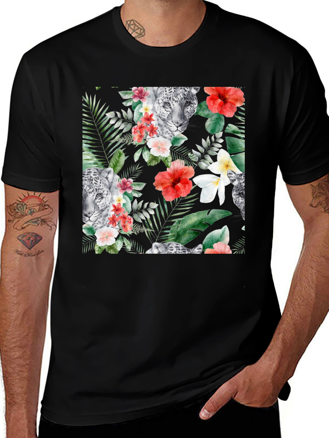 Tropical Floral & Leopard Print Black T-Shirt