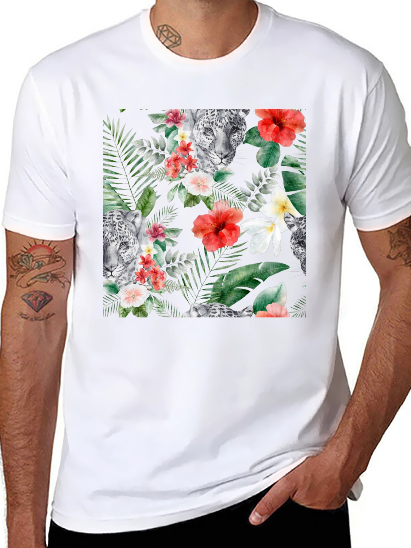 Tropical Floral & Leopard Print Black T-Shirt