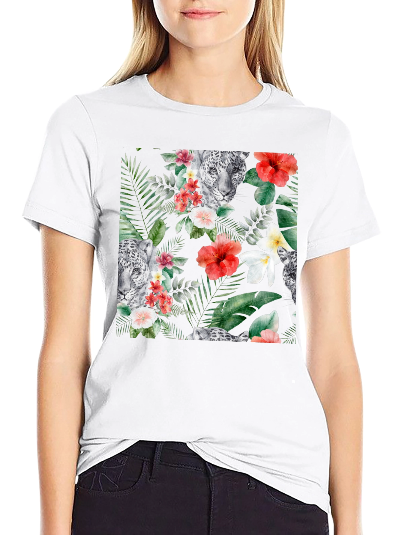 Tropical Floral & Leopard Print Black T-Shirt