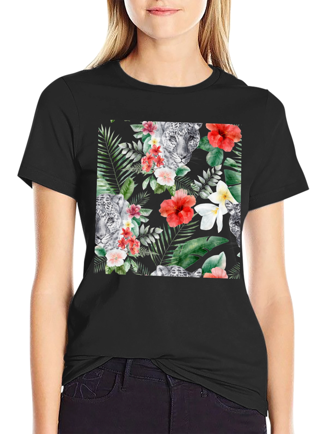 Tropical Floral & Leopard Print Black T-Shirt