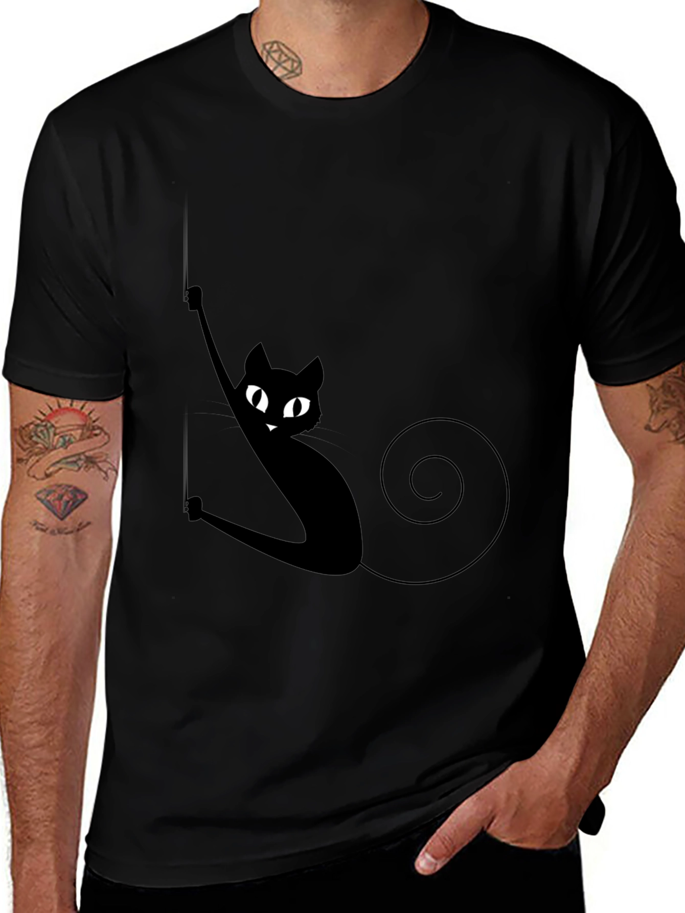 Black Cat Climbing Rope Mens Graphic T-Shirt