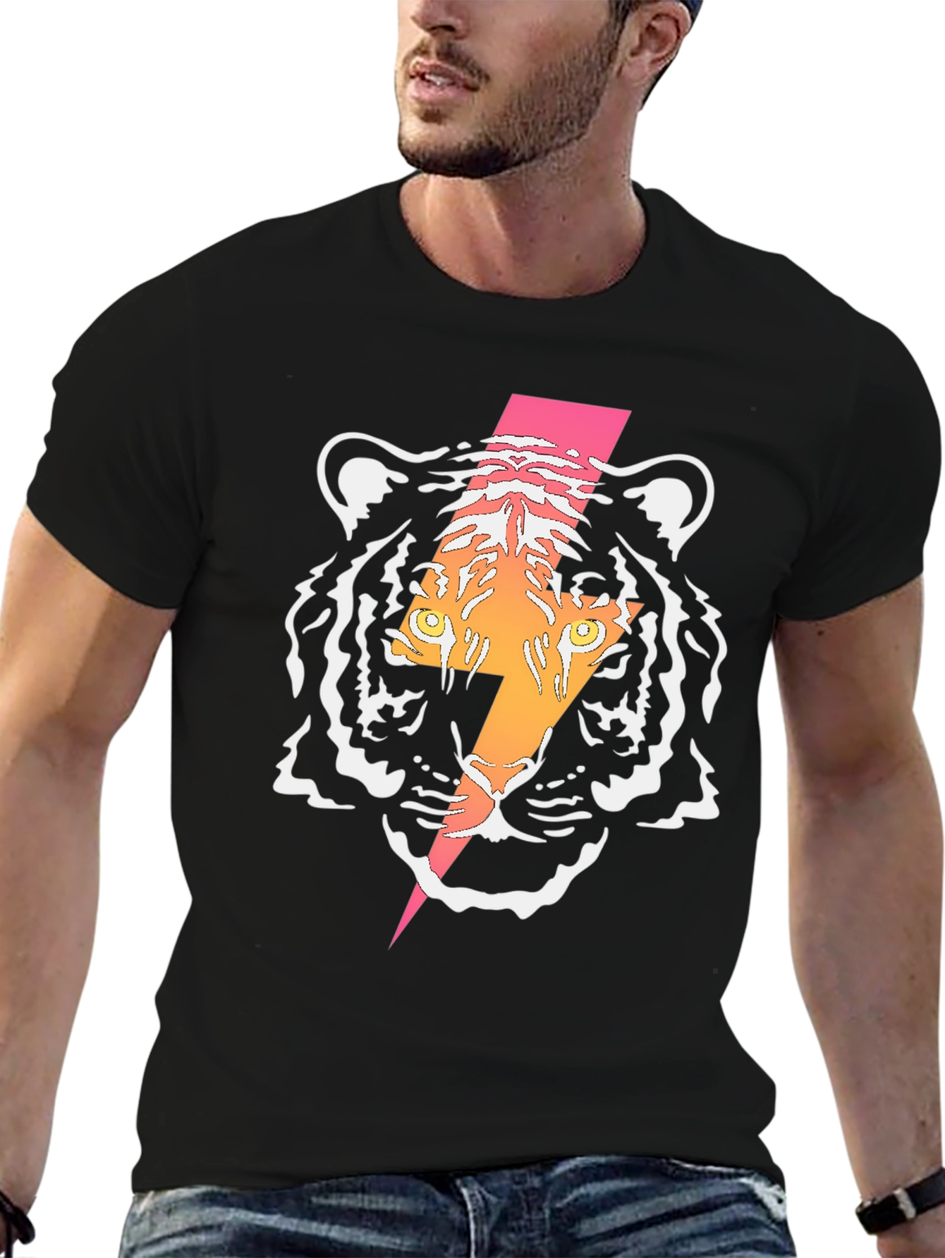 Tiger Lightning Bolt Graphic Tee - Cool Black T-Shirt