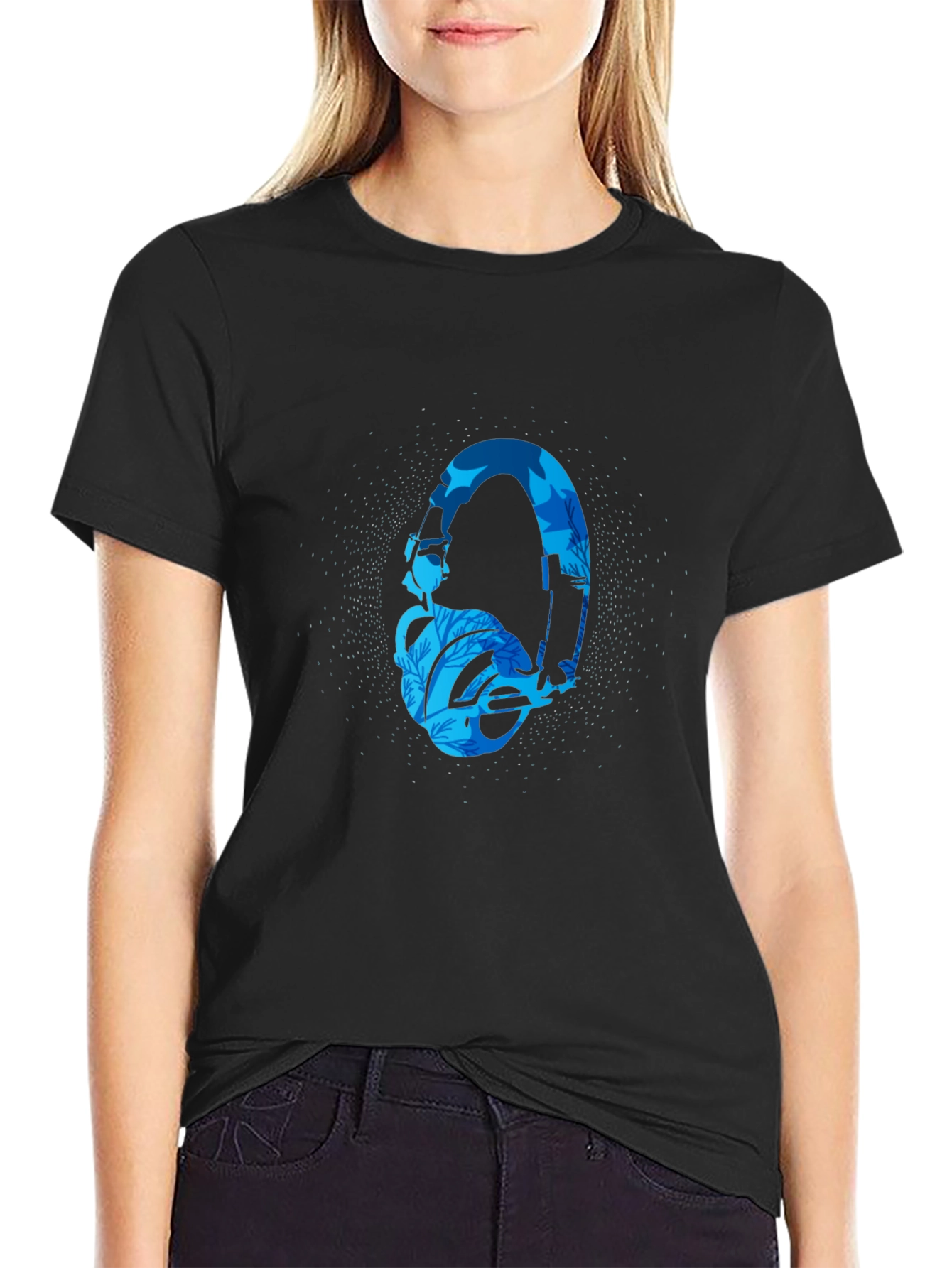 Stylish Black T-Shirt with Blue Headphone Graphic