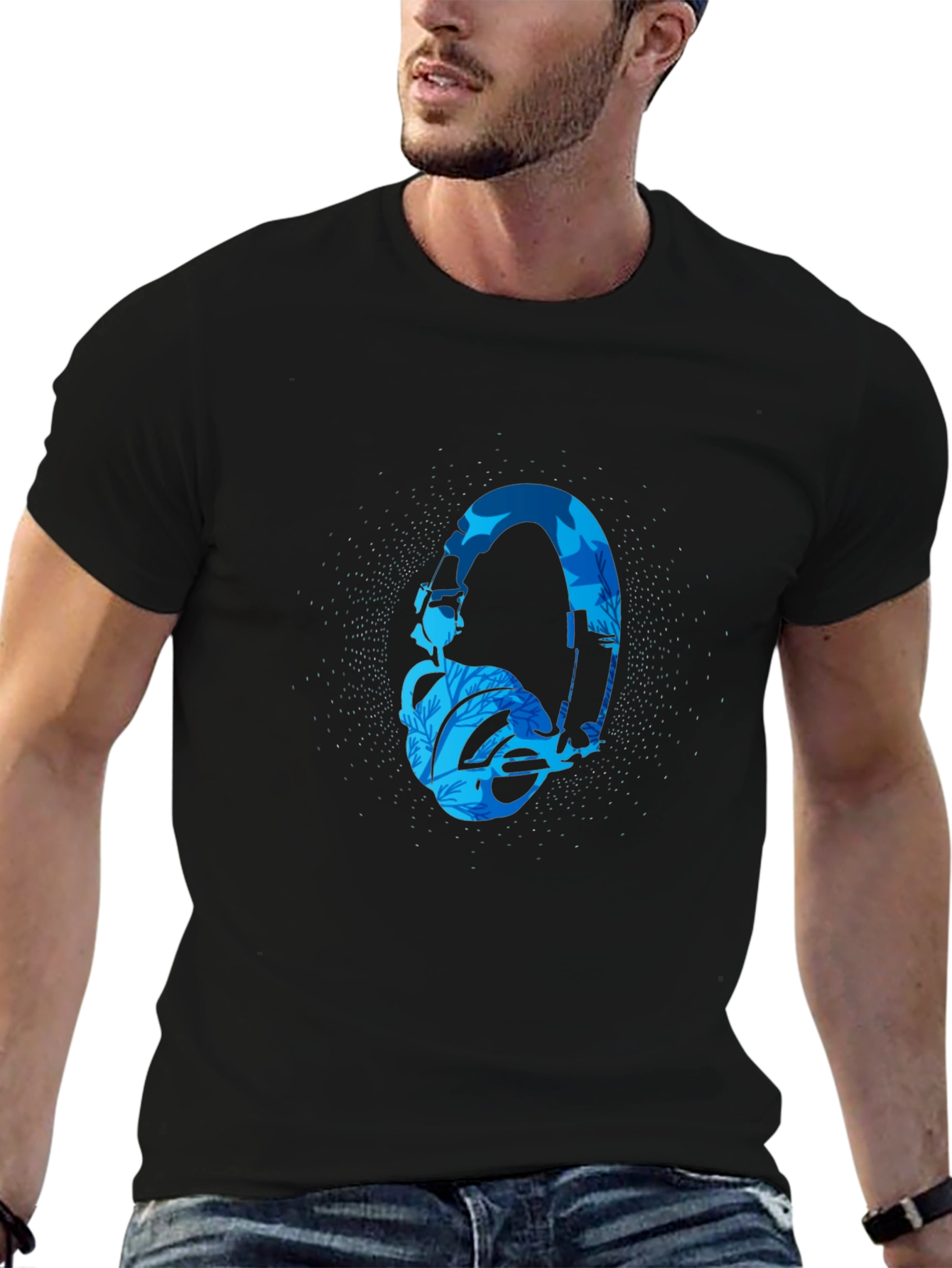 Stylish Black T-Shirt with Blue Headphone Graphic