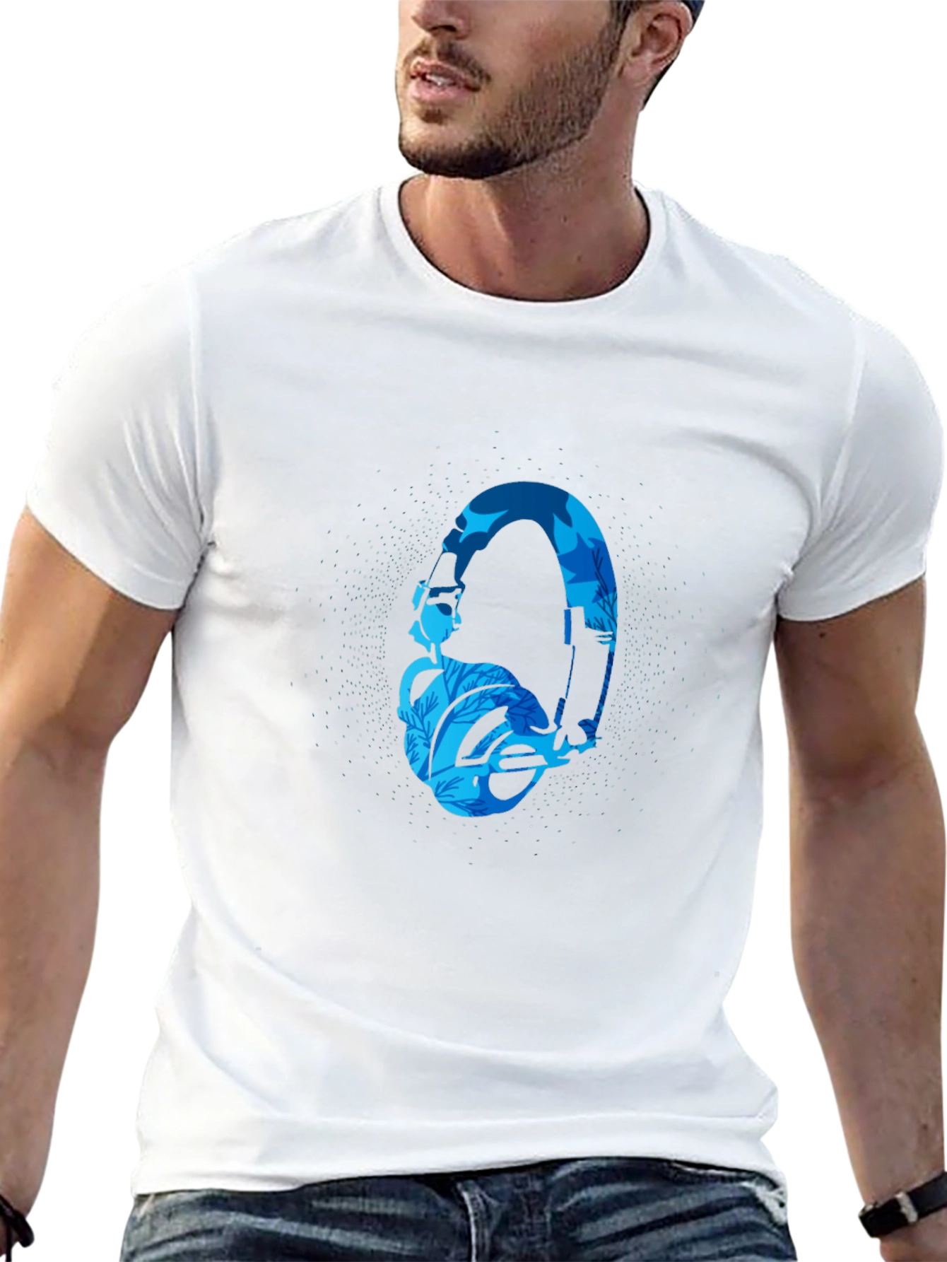 Stylish Black T-Shirt with Blue Headphone Graphic
