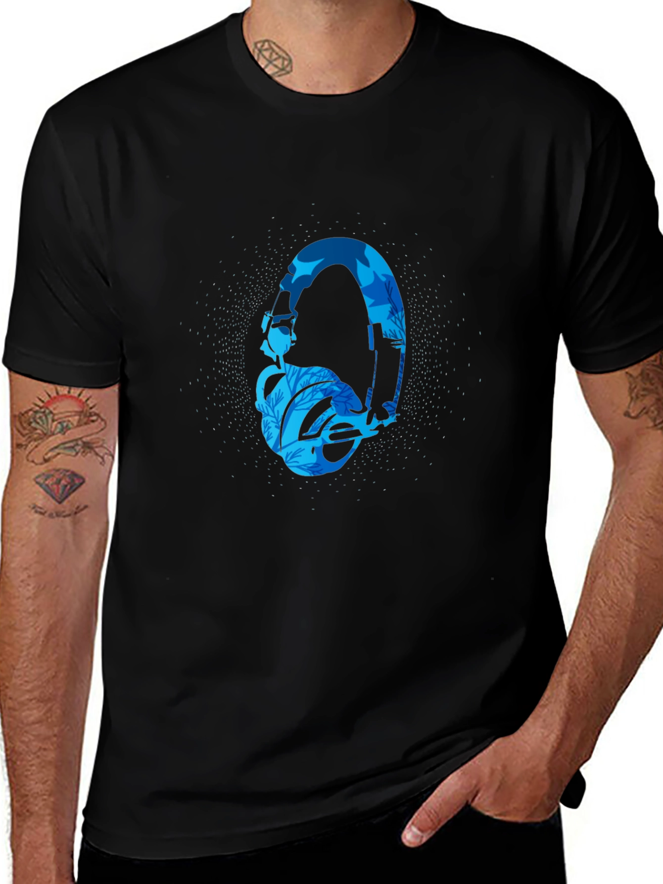 Stylish Black T-Shirt with Blue Headphone Graphic