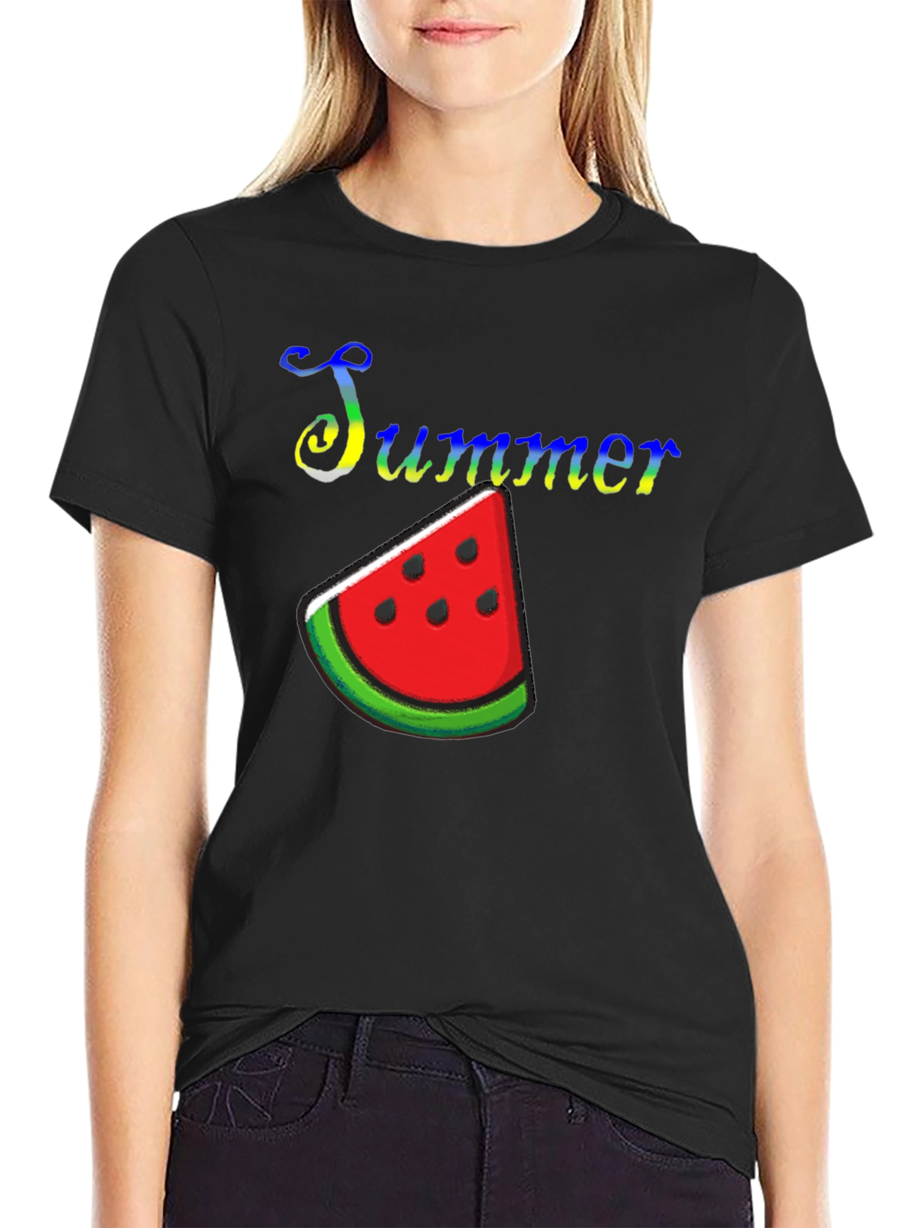 Summer Watermelon Graphic Print Black T-Shirt