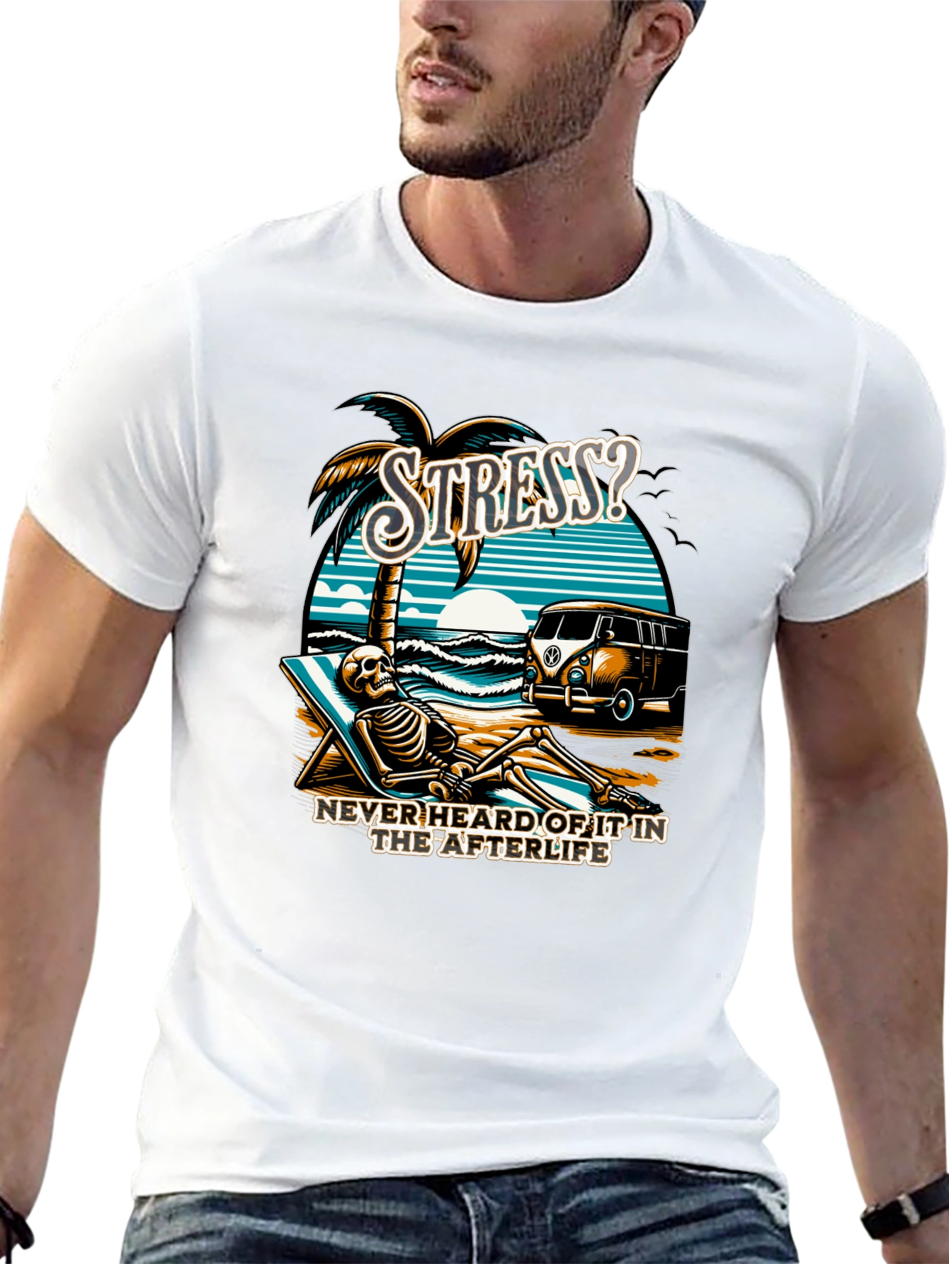 Stress? Afterlife T-Shirt - Beach Skeleton Relaxation
