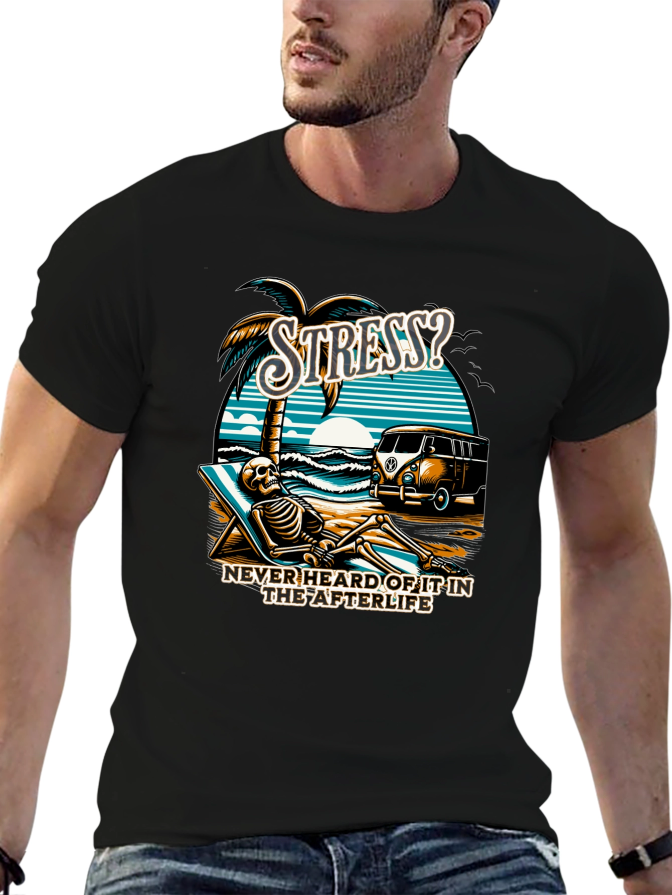 Stress? Afterlife T-Shirt - Beach Skeleton Relaxation
