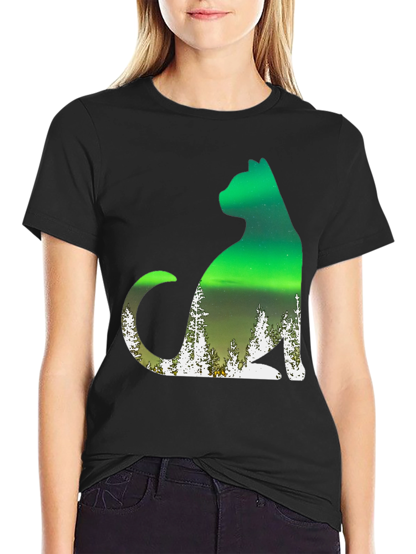 Aurora Cat Graphic Tee - Black